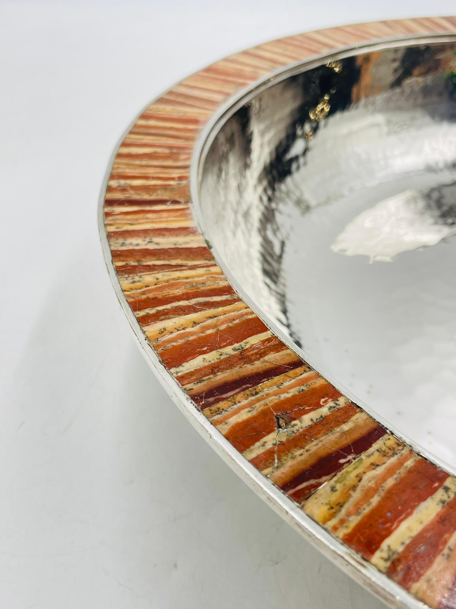 Emilia Castillo Hammered Silver-Plated Bowl with Jasper Stone Inlay, Mexico For Sale 2