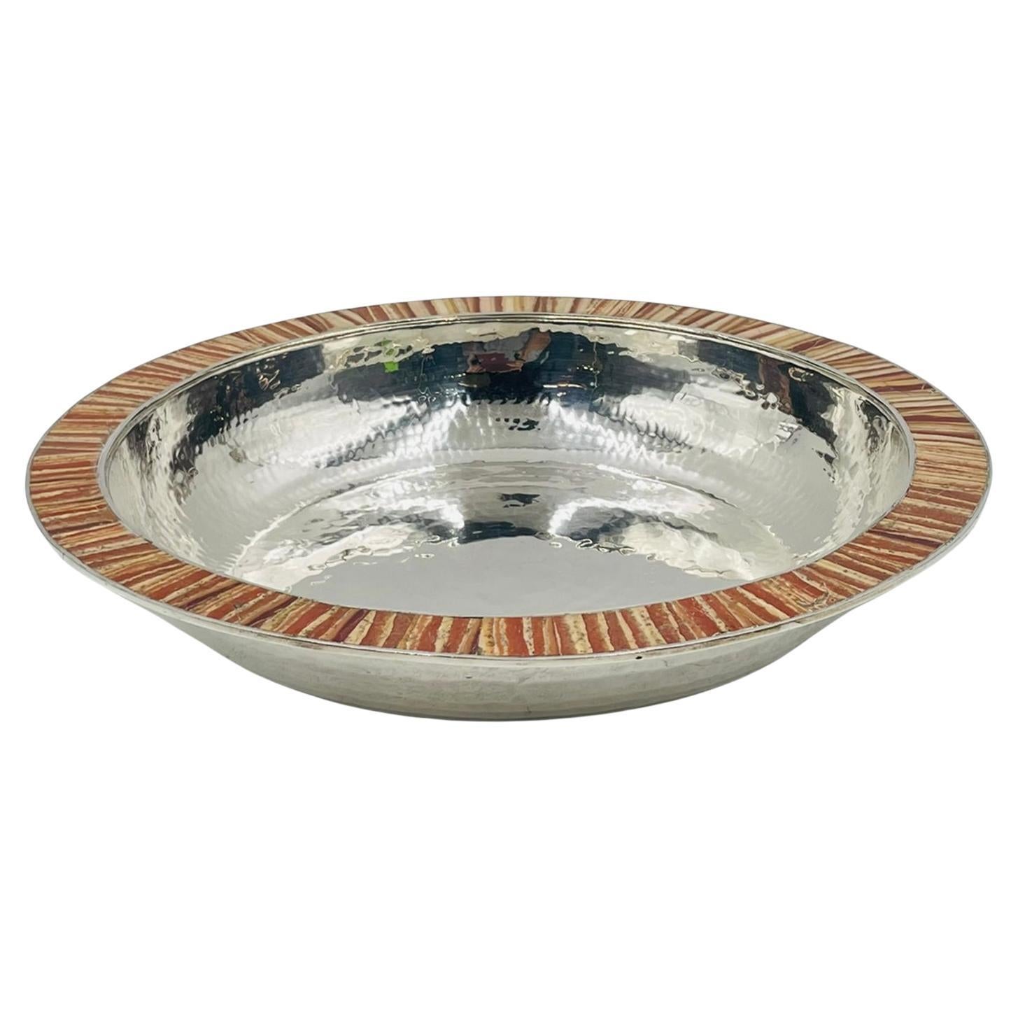 Emilia Castillo Hammered Silver-Plated Bowl with Jasper Stone Inlay, Mexico