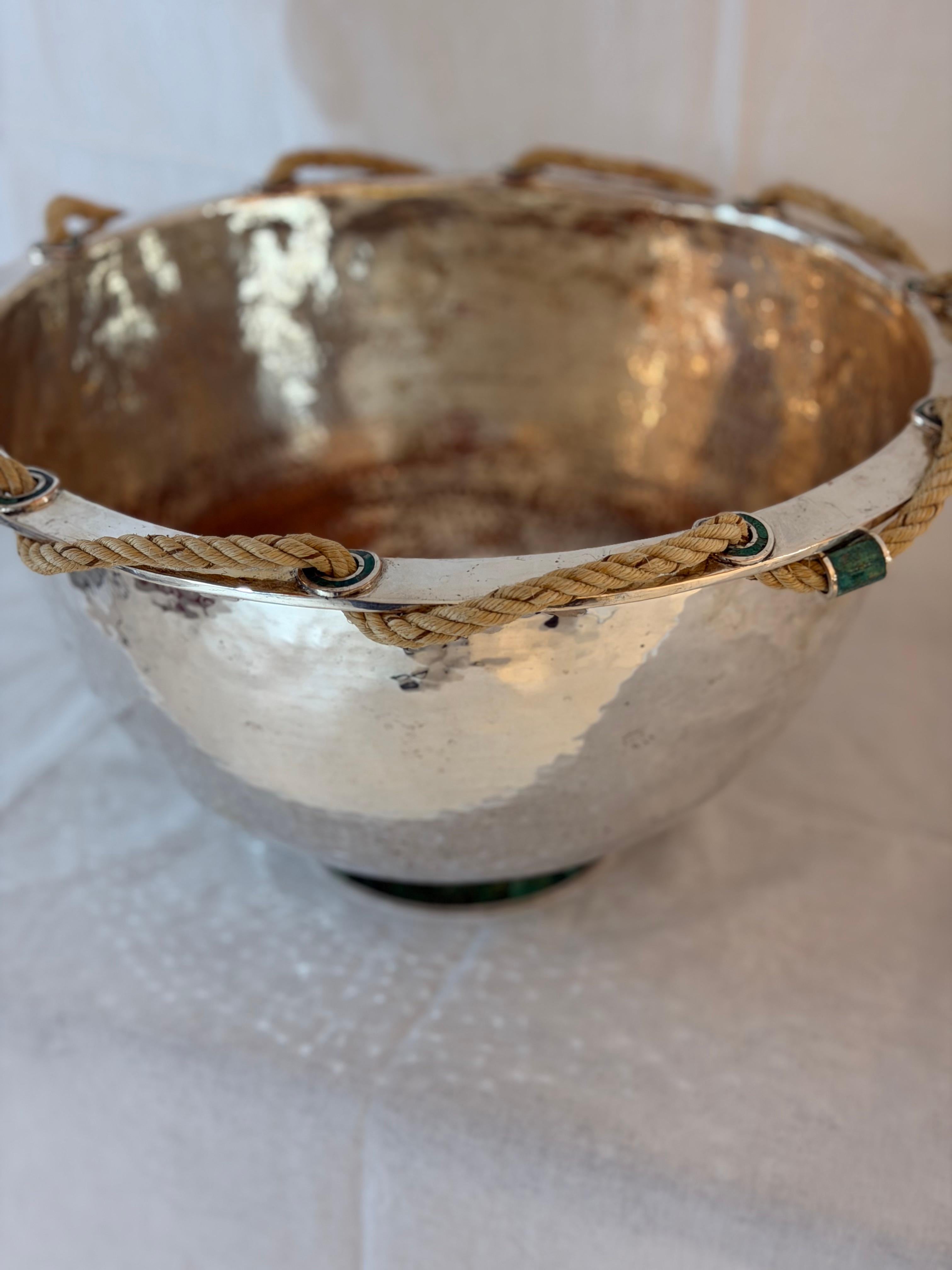 Emilia Castillo Hand-Hammered Silver Plated Copper Bowl with Malachite For Sale 4