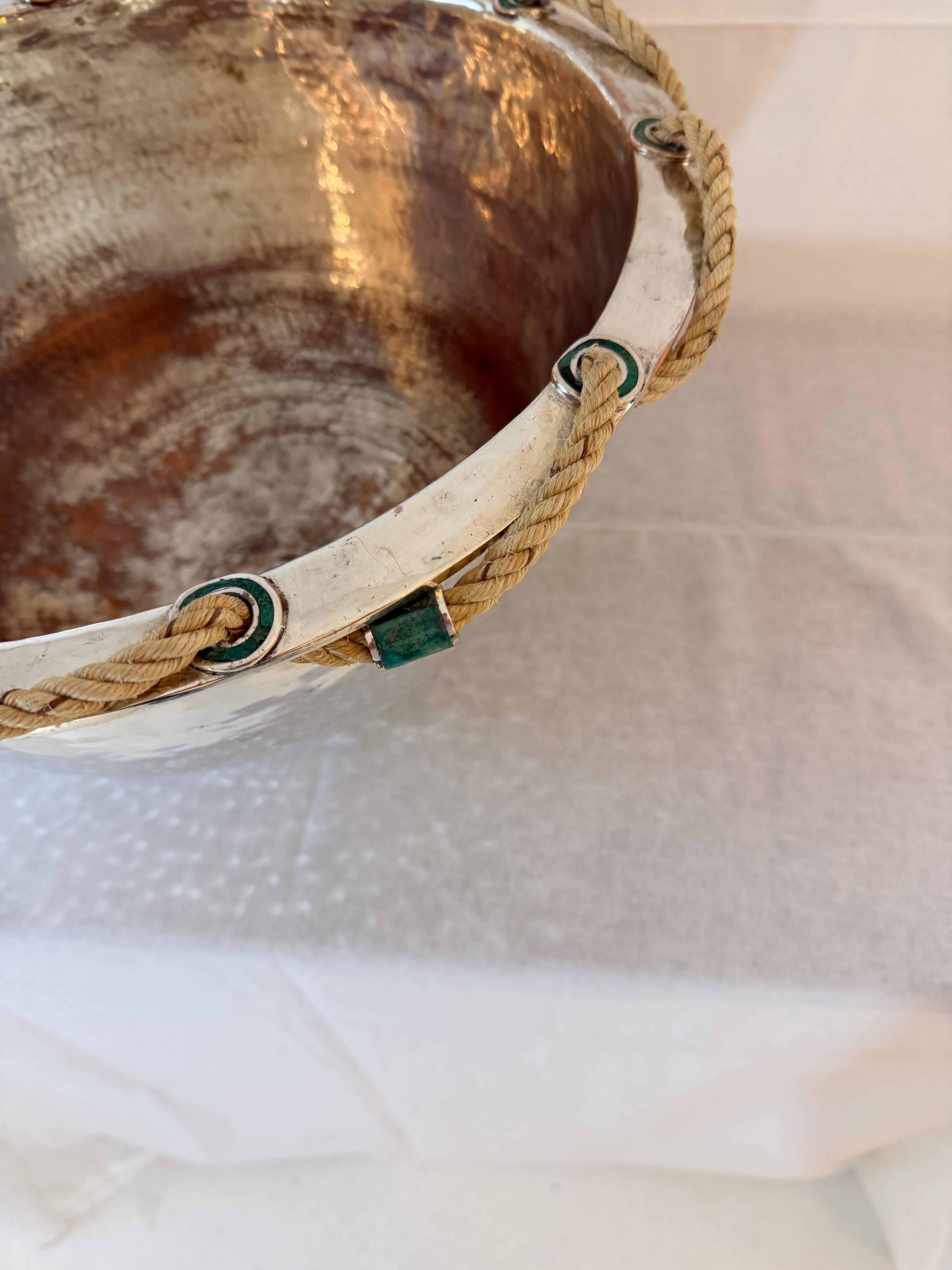 Organic Modern Emilia Castillo Hand-Hammered Silver Plated Copper Bowl with Malachite For Sale
