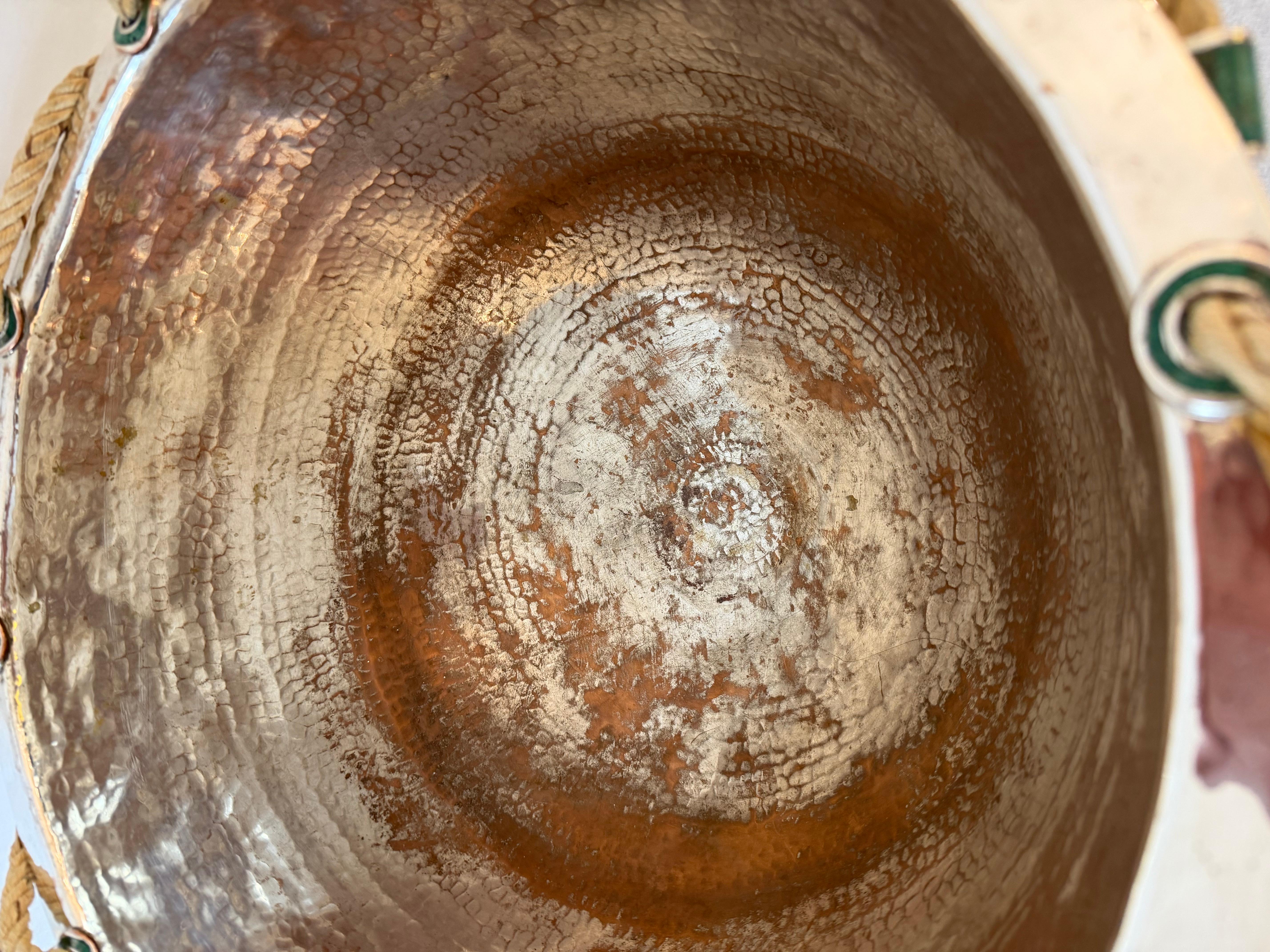 Mexican Emilia Castillo Hand-Hammered Silver Plated Copper Bowl with Malachite For Sale