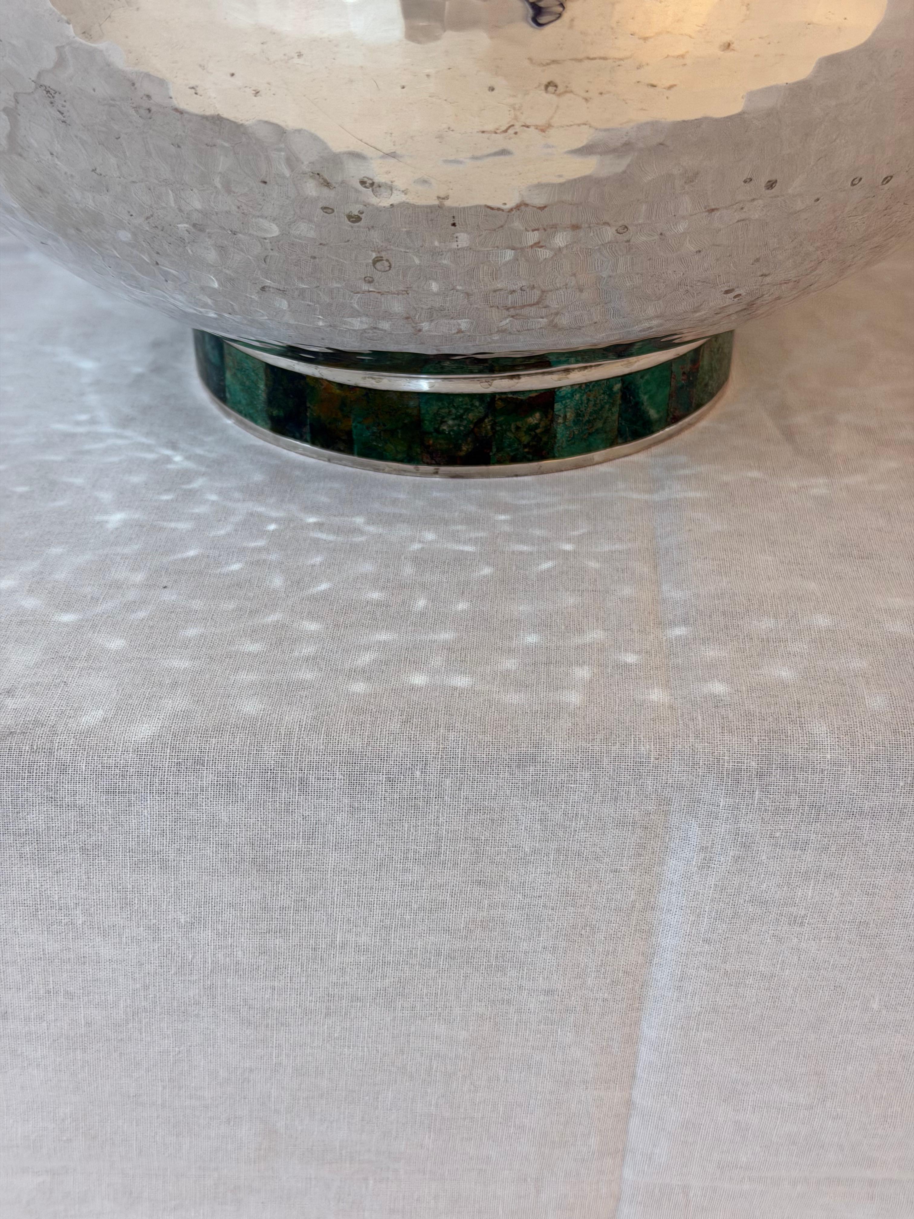 Emilia Castillo Hand-Hammered Silver Plated Copper Bowl with Malachite In Good Condition For Sale In Palm Desert, CA
