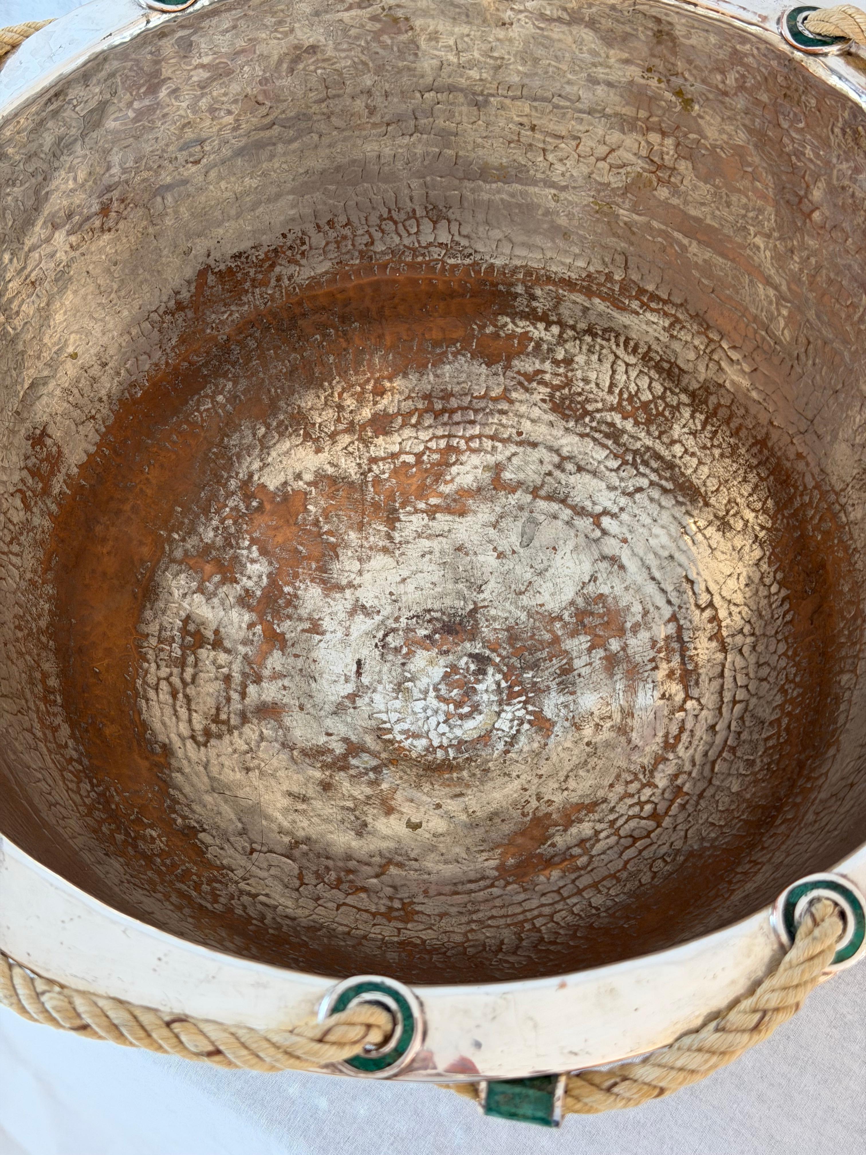 Late 20th Century Emilia Castillo Hand-Hammered Silver Plated Copper Bowl with Malachite For Sale