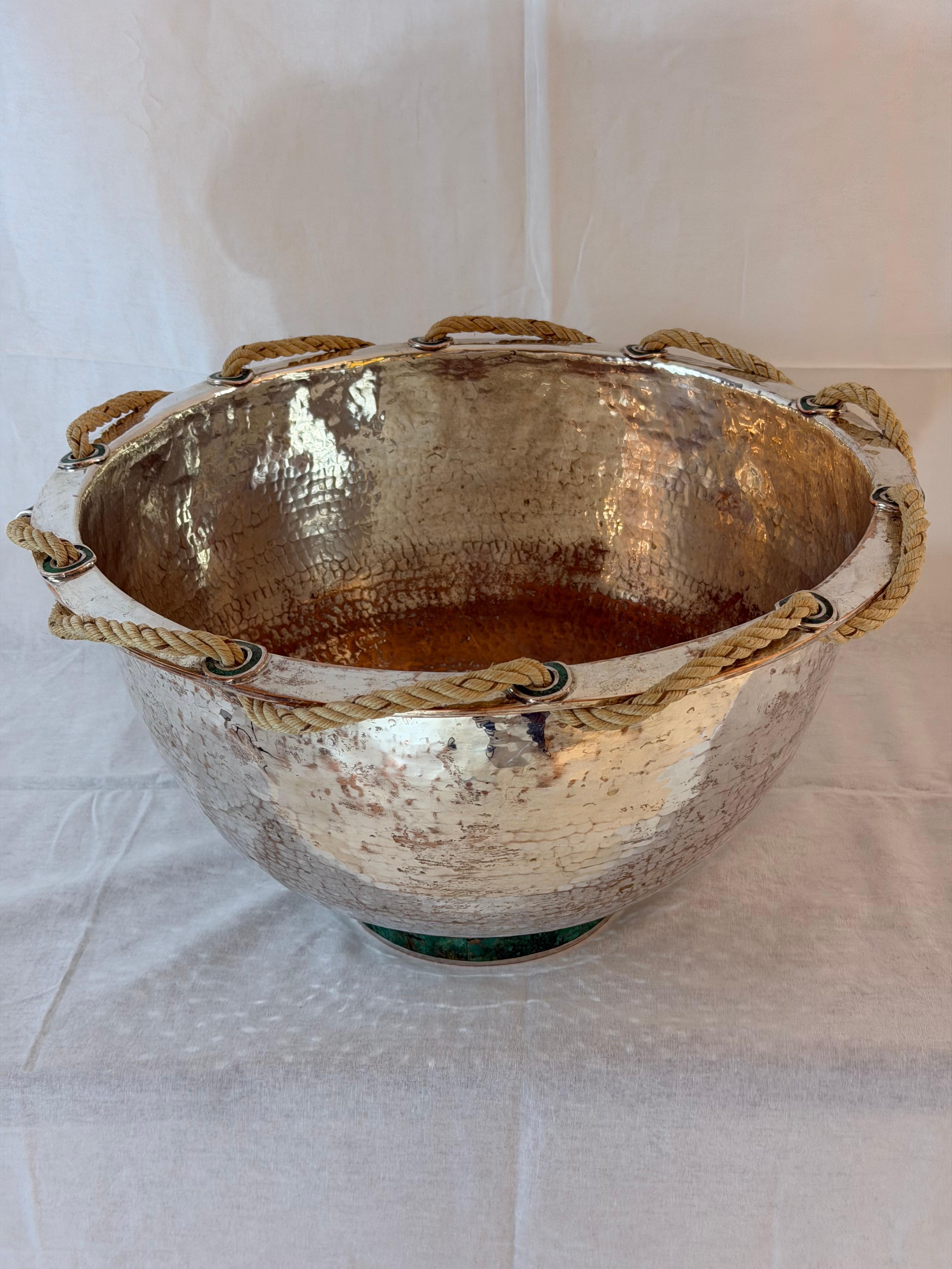 Emilia Castillo Hand-Hammered Silver Plated Copper Bowl with Malachite For Sale 1