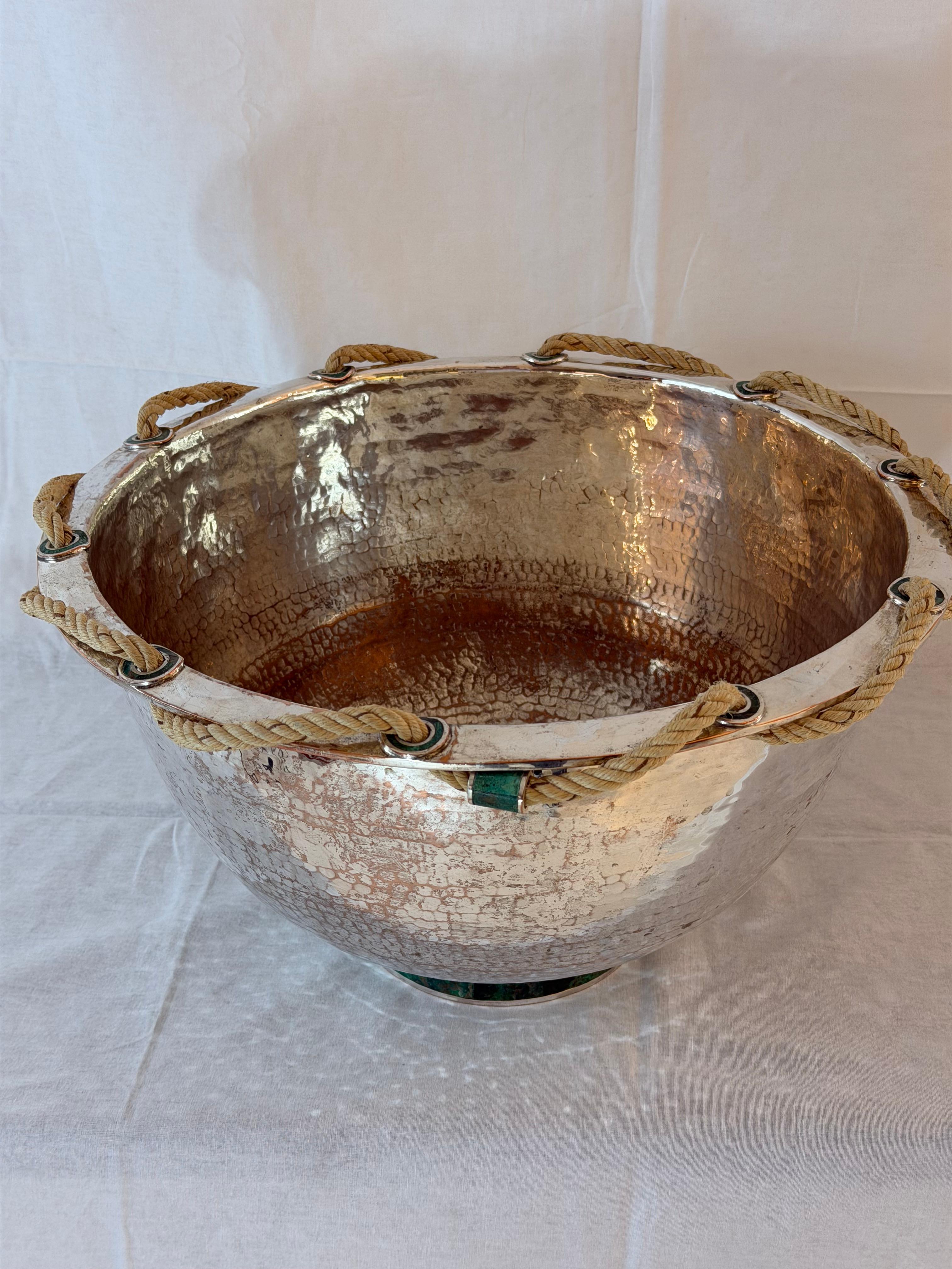 Emilia Castillo Hand-Hammered Silver Plated Copper Bowl with Malachite For Sale 2