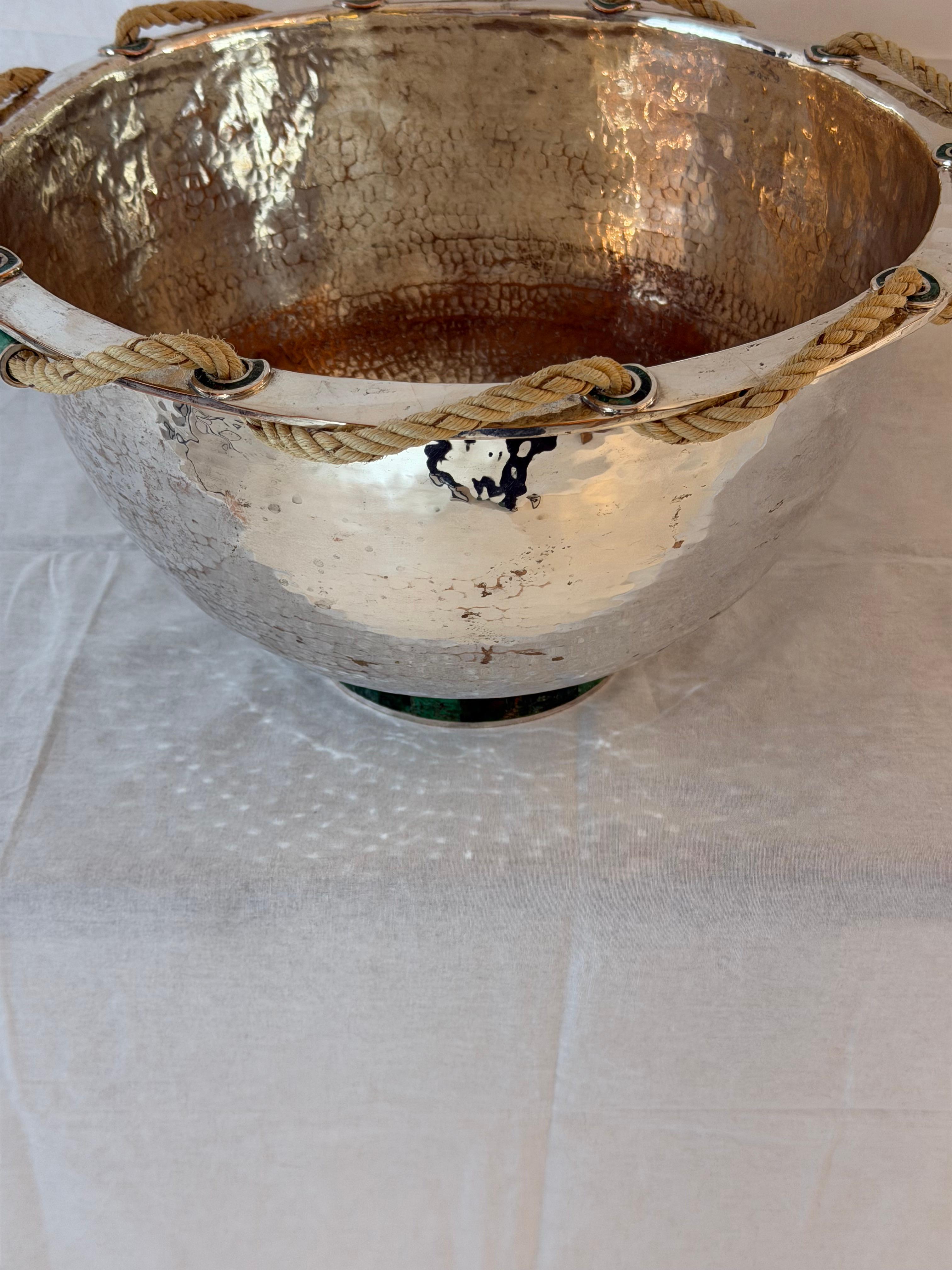 Emilia Castillo Hand-Hammered Silver Plated Copper Bowl with Malachite For Sale 3