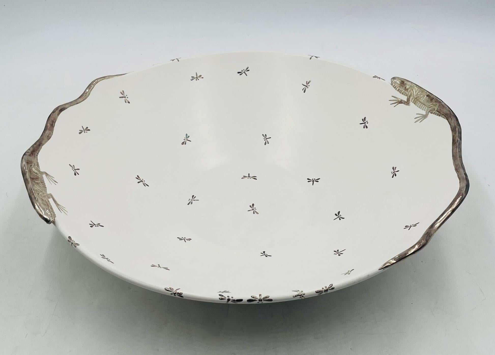 Emilia Castillo Large Porcelain & Pure Silver Bowl with Lizards and Dragonflies (Ende des 20. Jahrhunderts) im Angebot