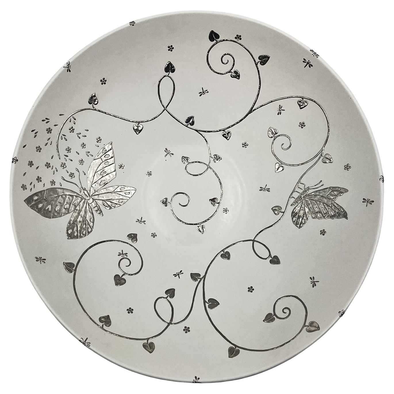 Emilia Castillo Large Porcelain & Pure Silver Butterfly Bowl, Taxco Mexico