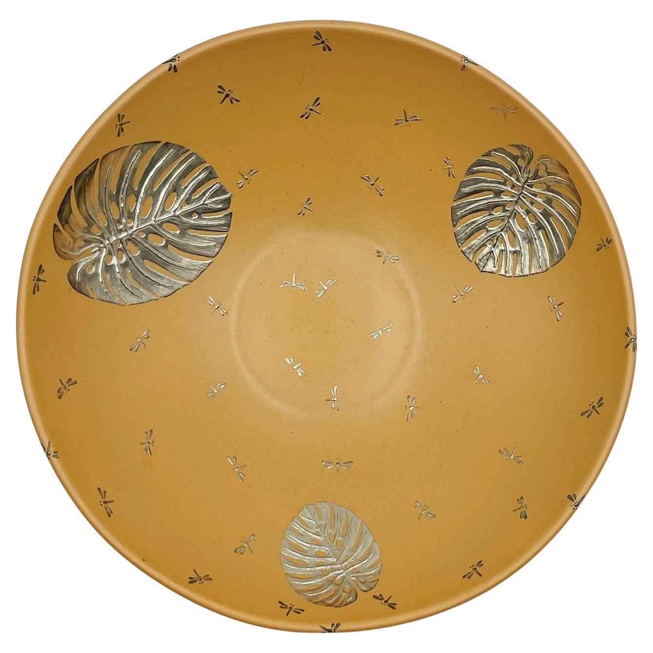 Grand bol à feuilles de monstera en porcelaine et argent pur, Emilia Castillo, Taxco Mexico