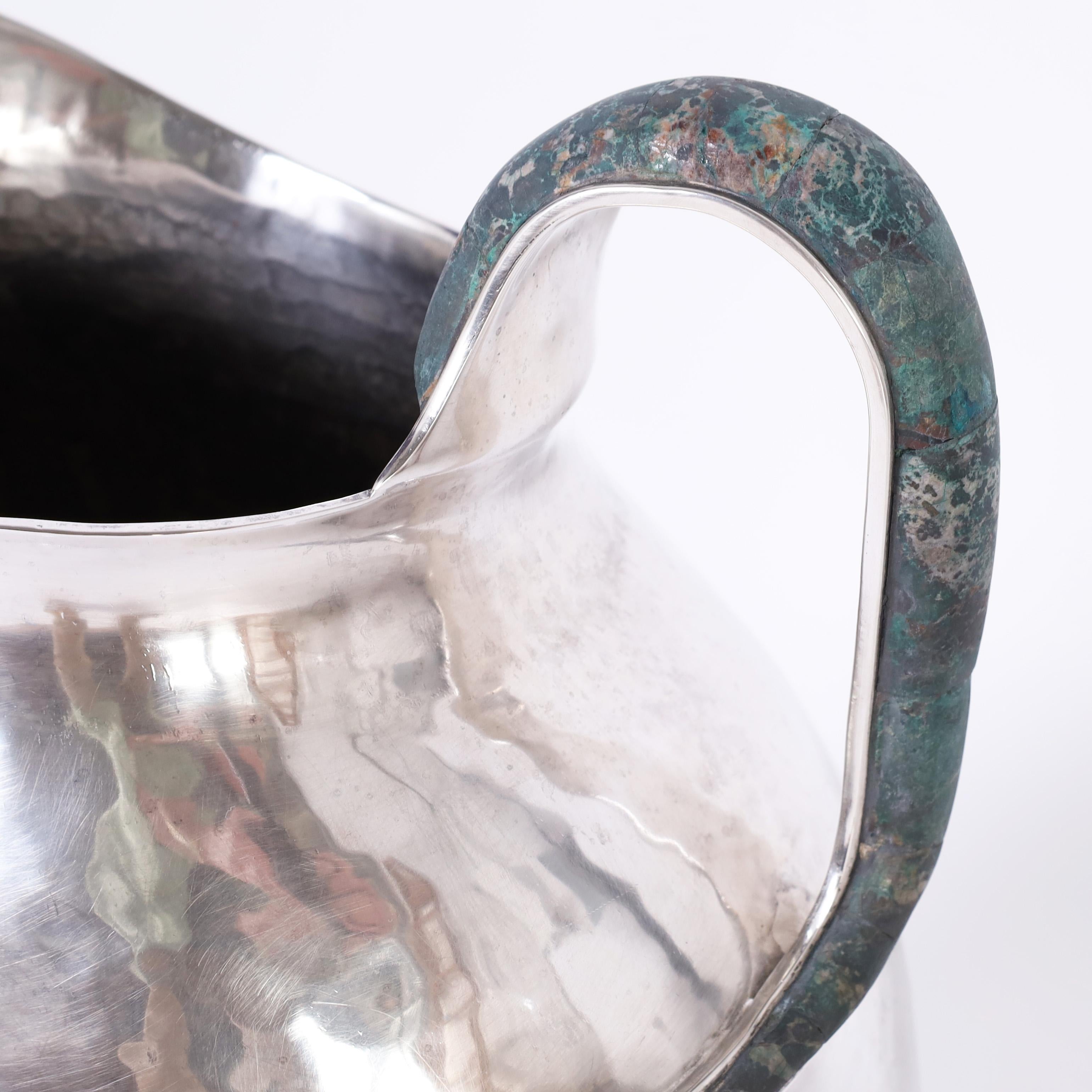Mid-Century Modern Emilia Castillo Large Vintage Silver on Copper Pitcher with Stone Leaf For Sale
