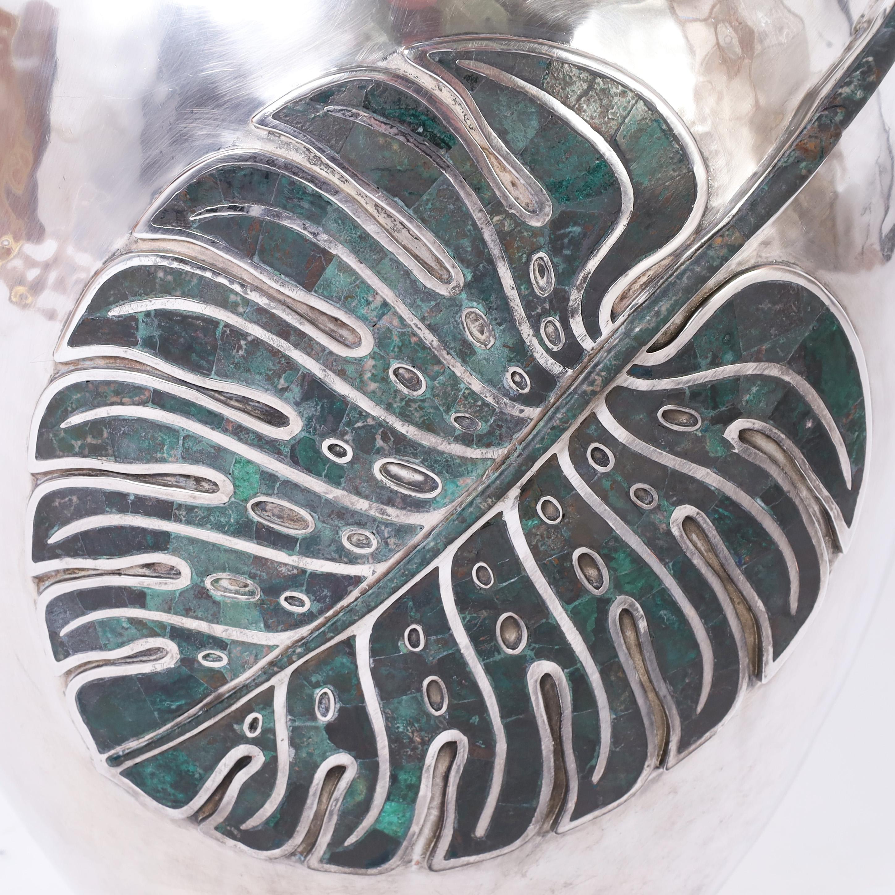 Emilia Castillo Großer Vintage-Krug aus Silber auf Kupfer mit Blattstein (Mexikanisch)