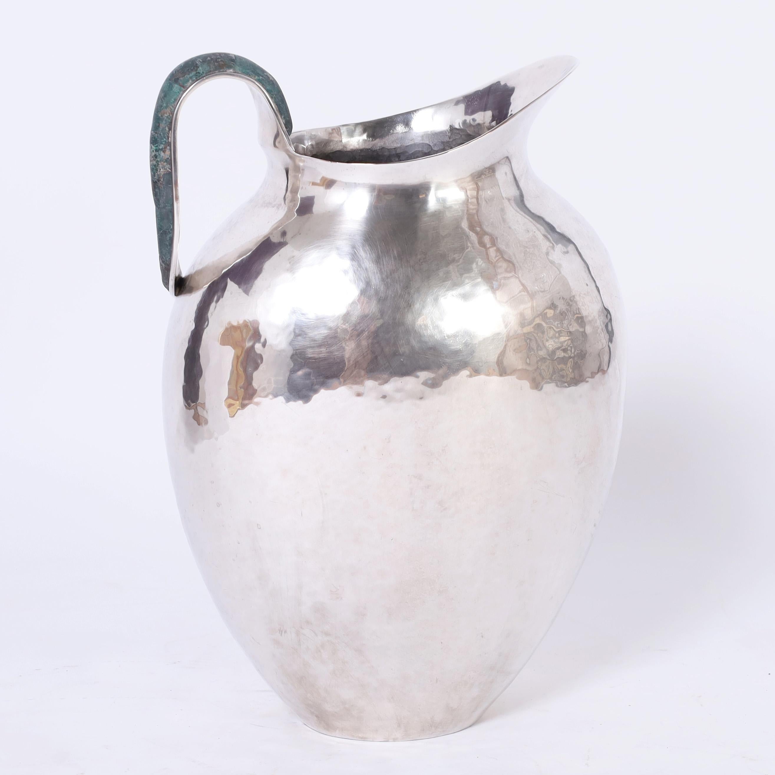 Emilia Castillo Large Vintage Silver on Copper Pitcher with Stone Leaf In Good Condition In Palm Beach, FL