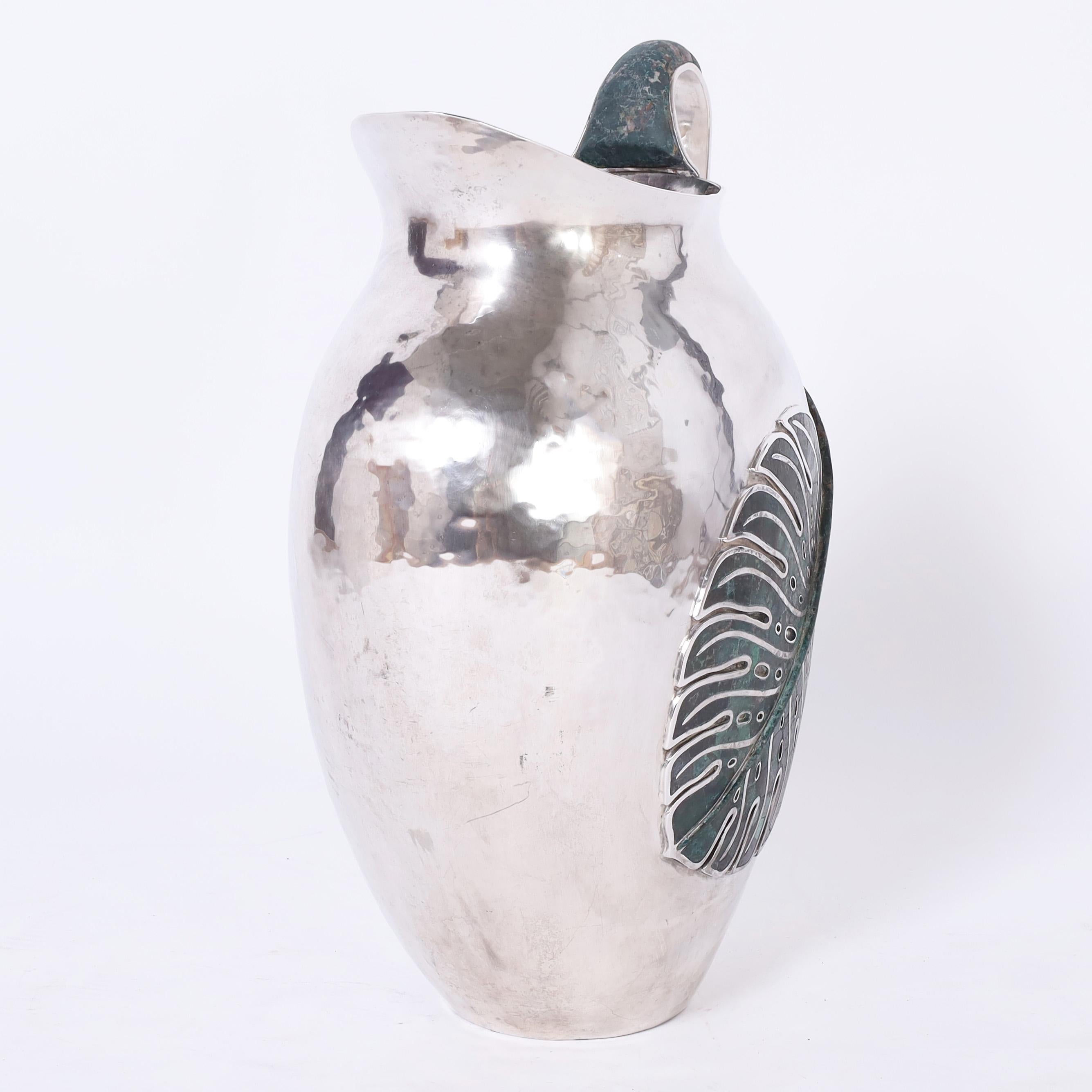 20th Century Emilia Castillo Large Vintage Silver on Copper Pitcher with Stone Leaf For Sale
