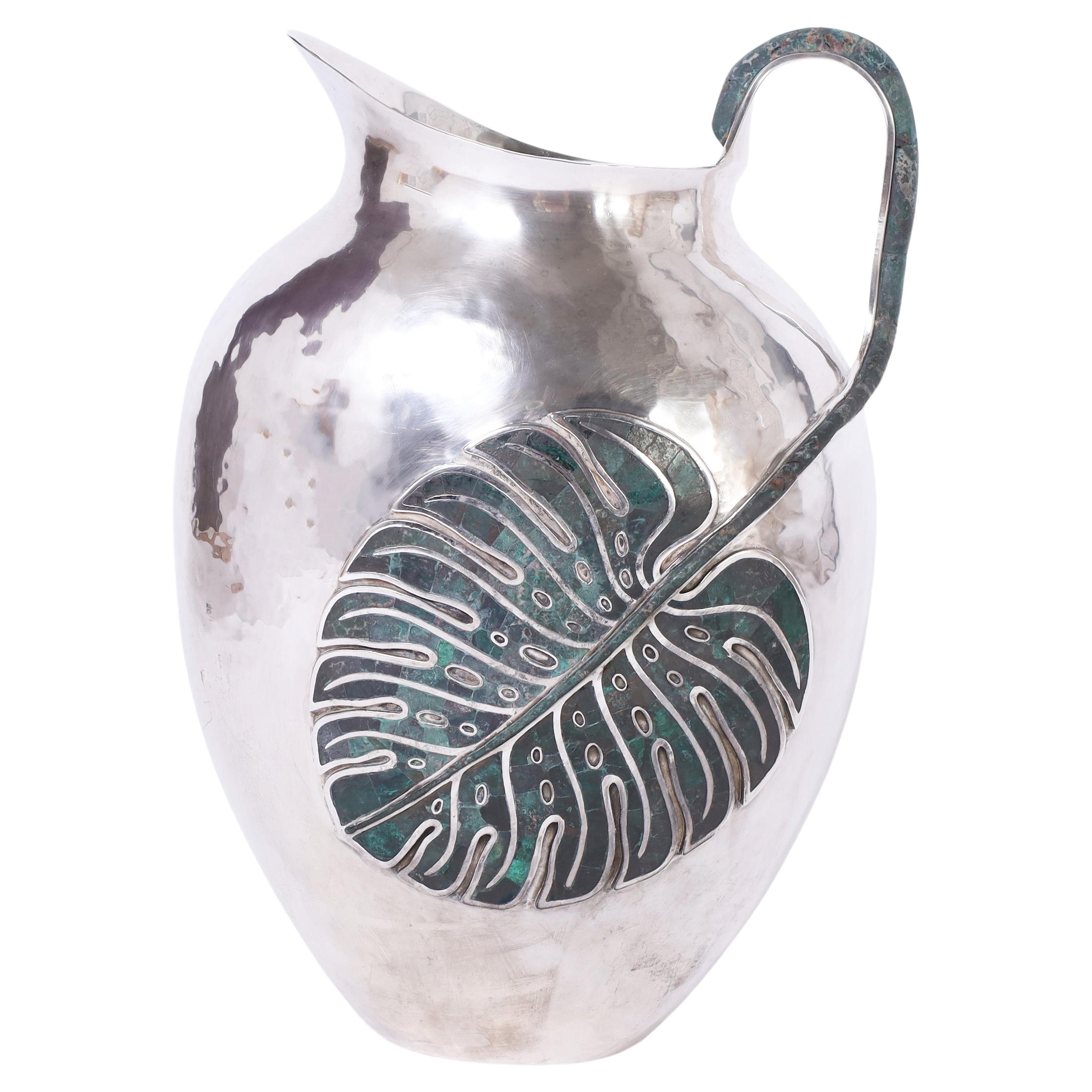 Emilia Castillo Large Vintage Silver on Copper Pitcher with Stone Leaf For Sale