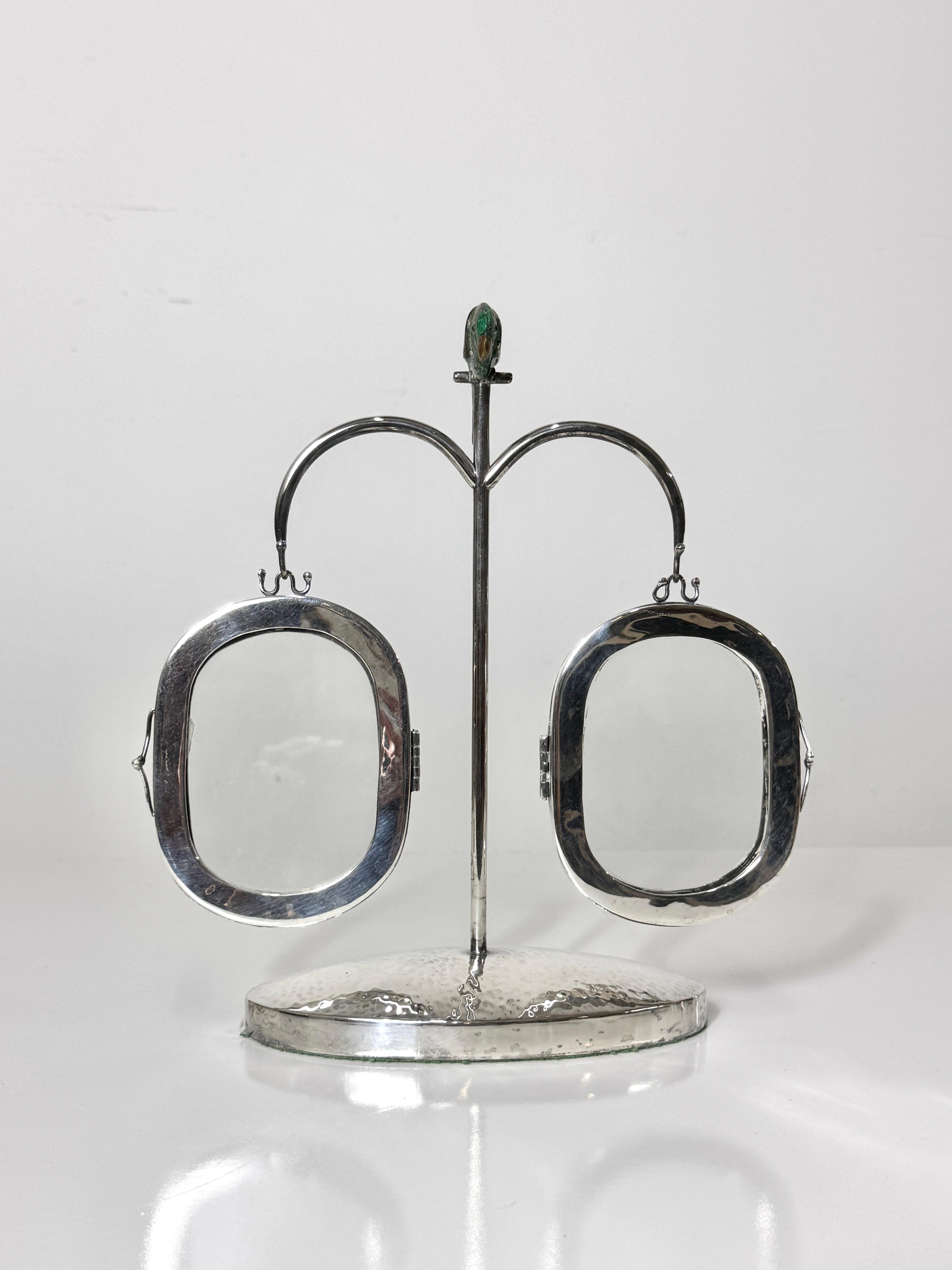 Emilia Castillo Mexican Silver Plate Picture Frame Stand with Turquoise Parrot In Good Condition In Troy, MI