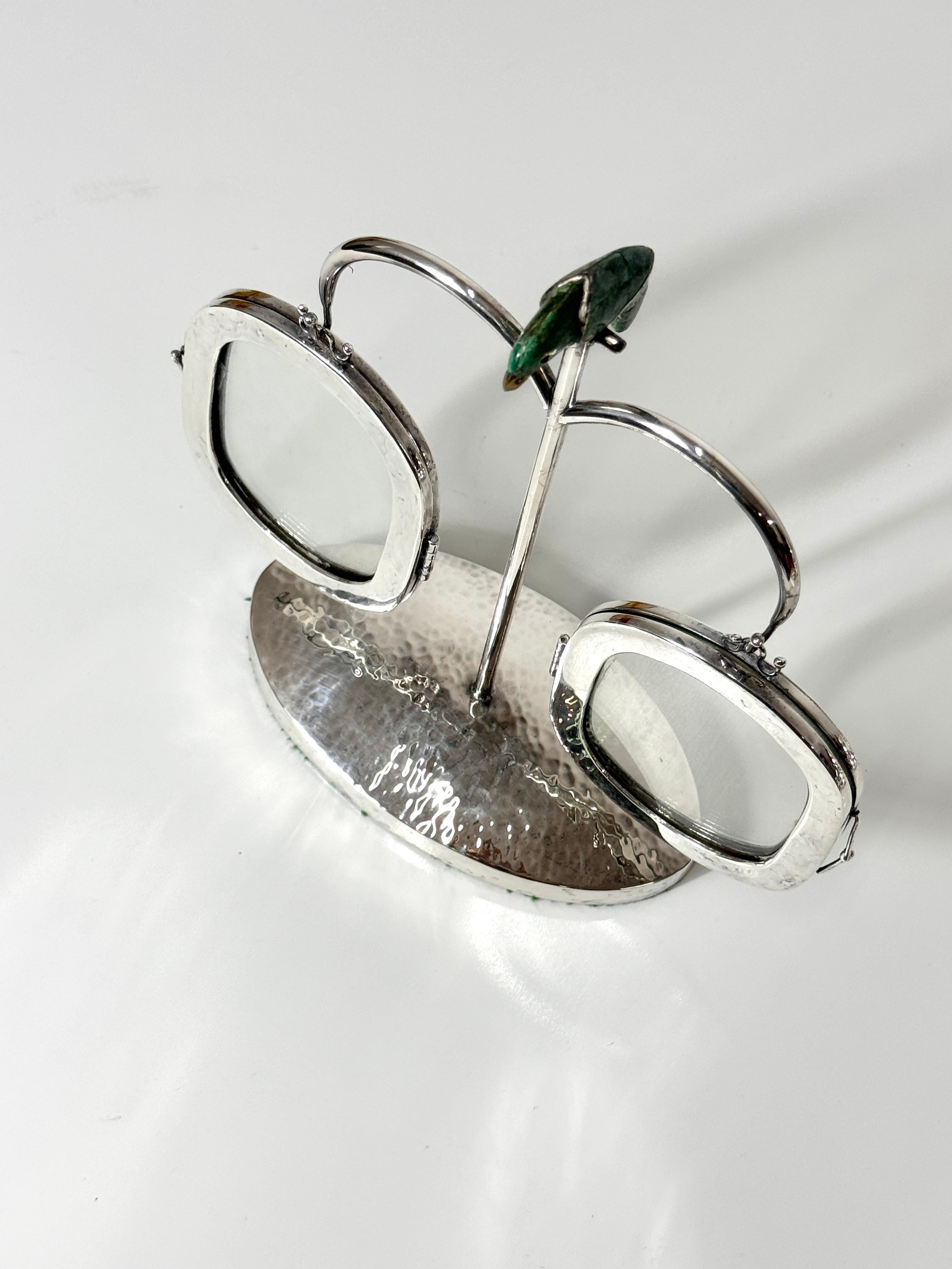 Emilia Castillo Mexican Silver Plate Picture Frame Stand with Turquoise Parrot 2