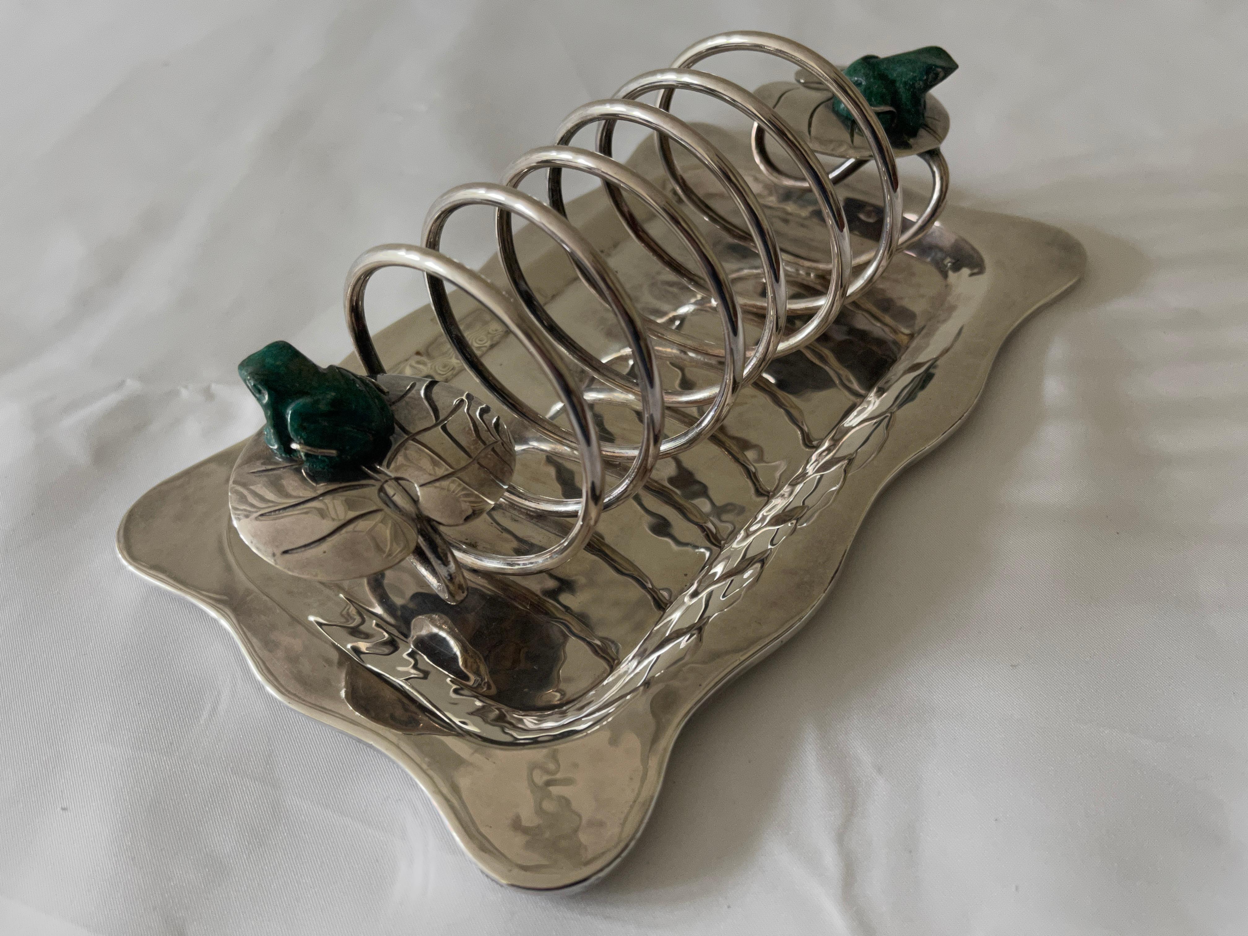 Emilia Castillo Mexican Silver Plate Toast Rack with Malachite Frogs on Lily Pad 2