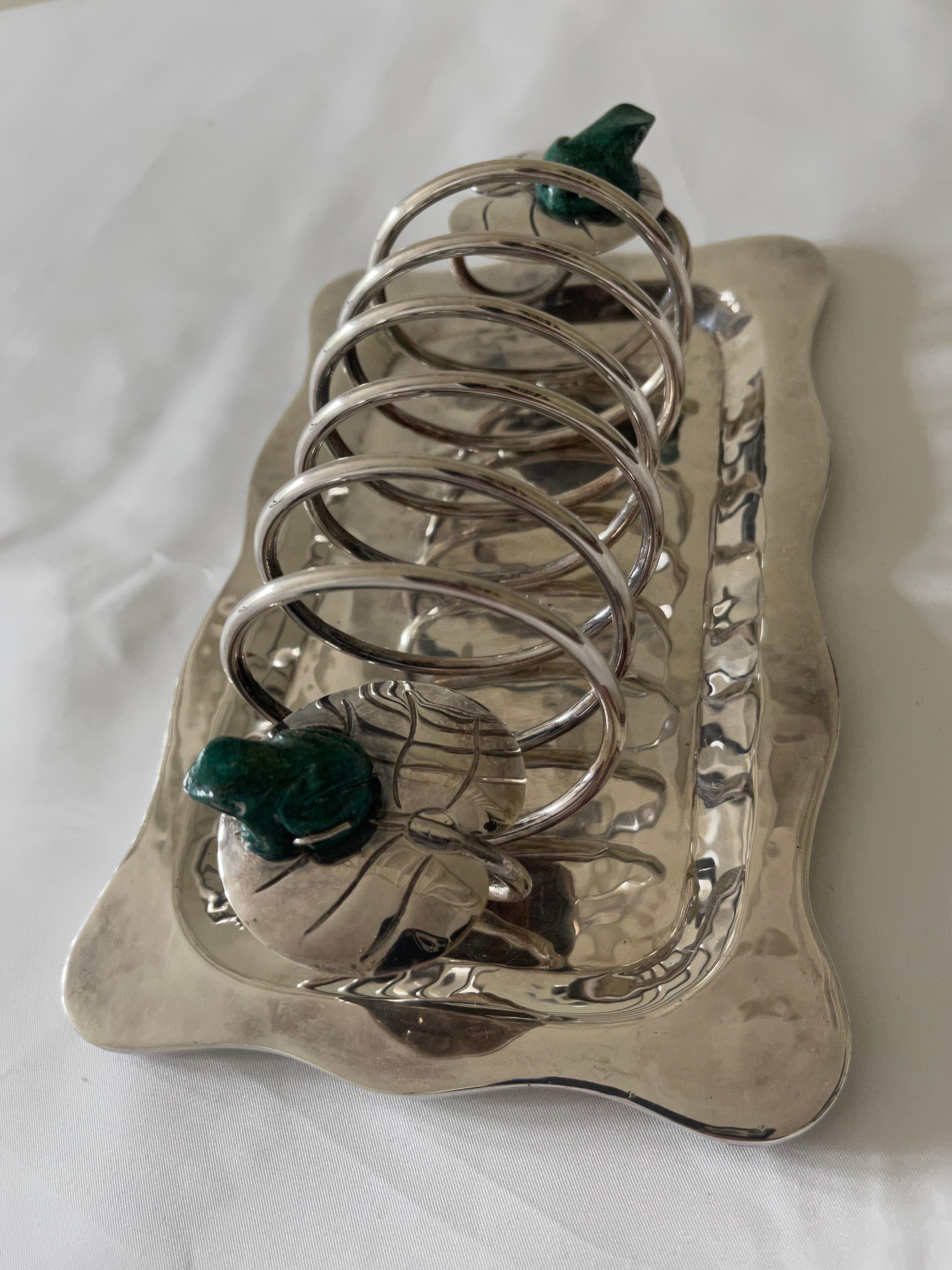 Emilia Castillo Mexican Silver Plate Toast Rack with Malachite Frogs on Lily Pad 3