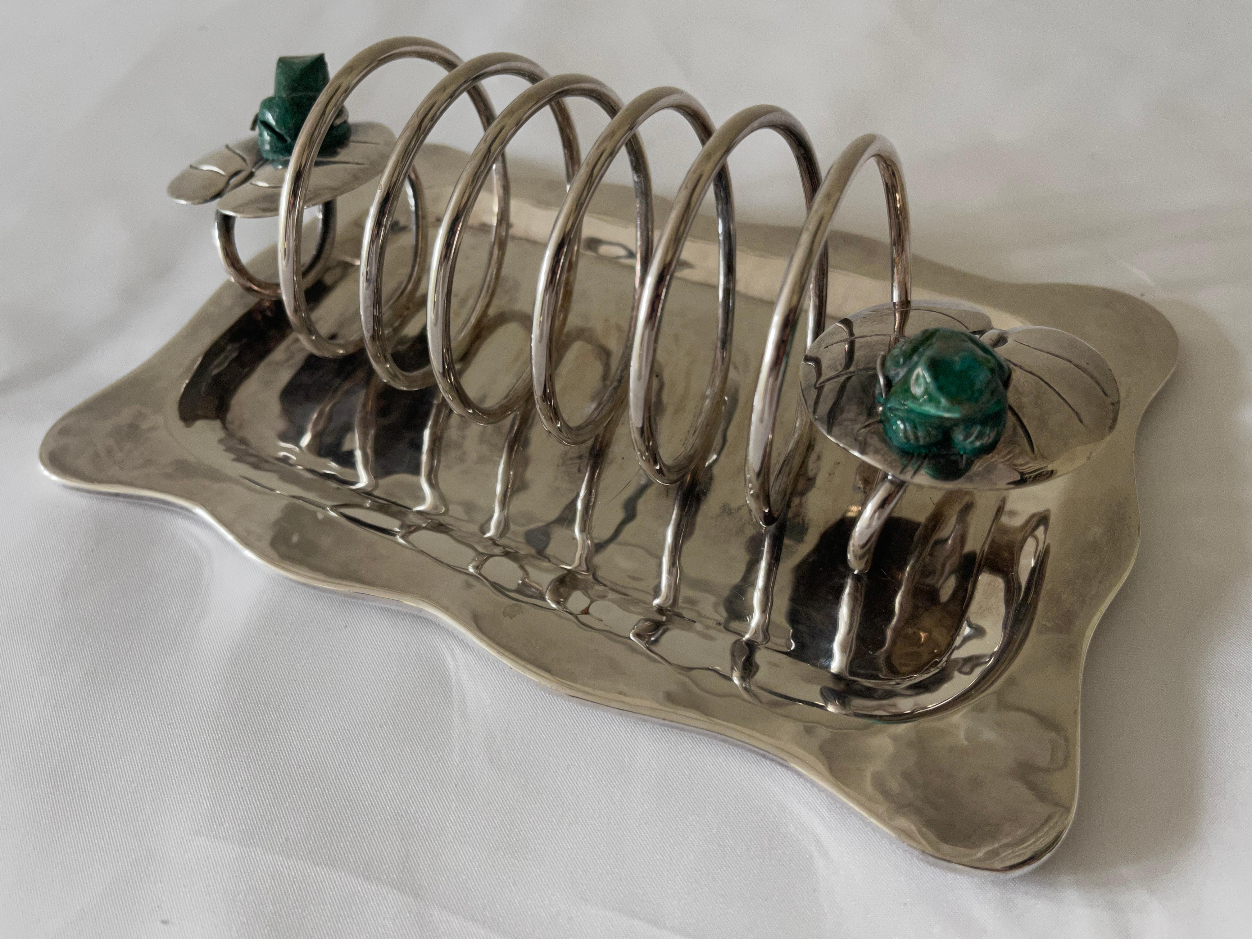 Emilia Castillo Mexican Silver Plate Toast Rack with Malachite Frogs on Lily Pad 4