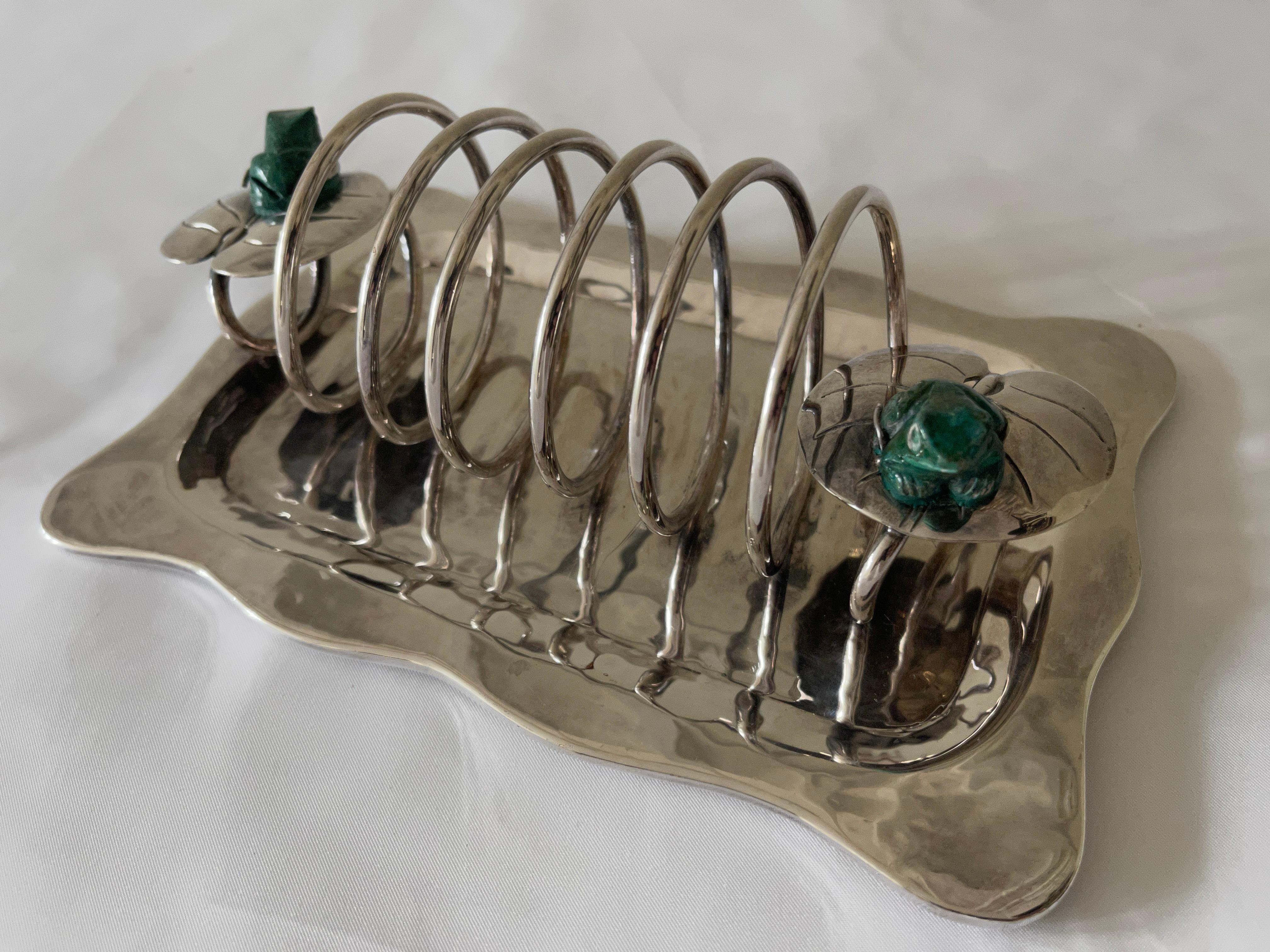 Emilia Castillo Mexican Silver Plate Toast Rack with Malachite Frogs on Lily Pad 5
