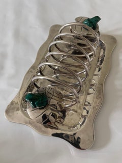 Emilia Castillo Mexican Silver Plate Toast Rack with Malachite Frogs on Lily Pad