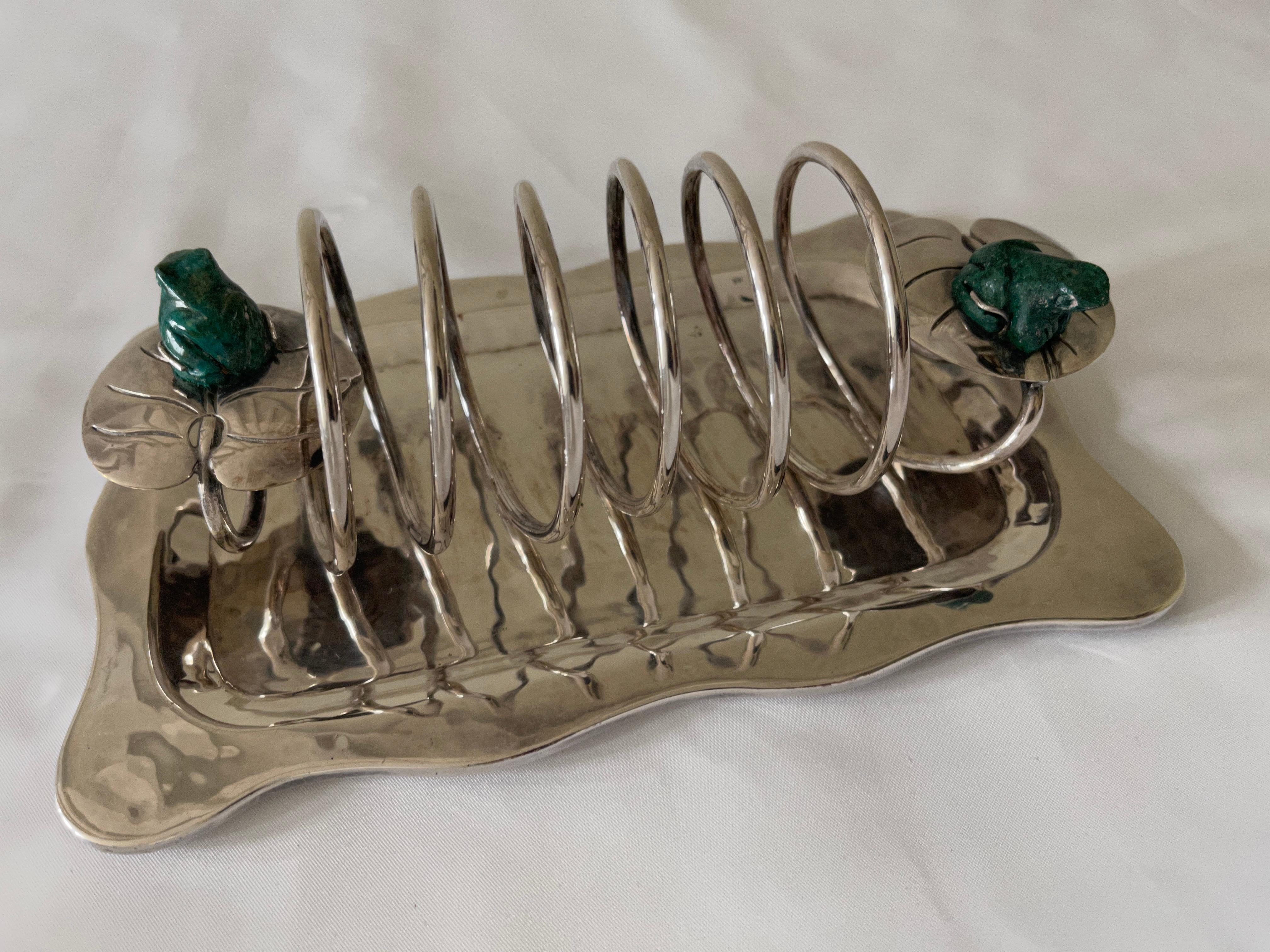 International Style Emilia Castillo Mexican Silver Plate Toast Rack with Malachite Frogs on Lily Pad