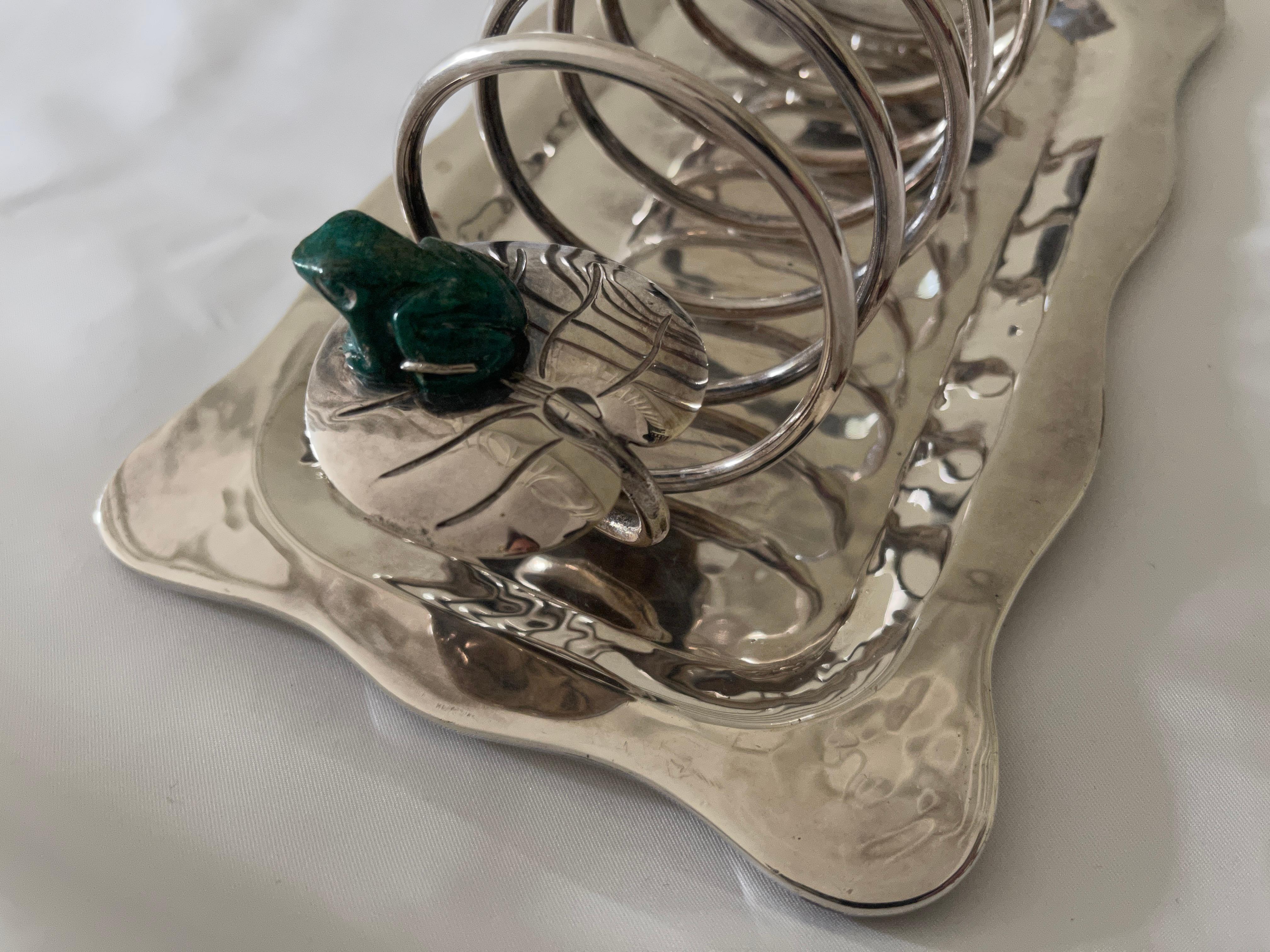Emilia Castillo Mexican Silver Plate Toast Rack with Malachite Frogs on Lily Pad In Good Condition In New York, NY