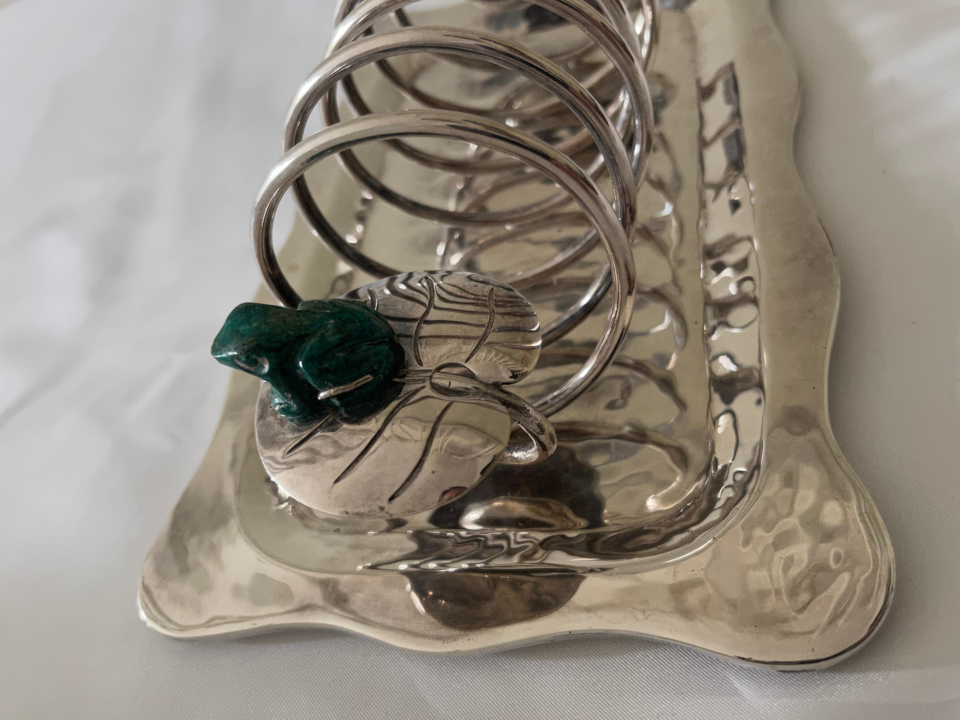 20th Century Emilia Castillo Mexican Silver Plate Toast Rack with Malachite Frogs on Lily Pad