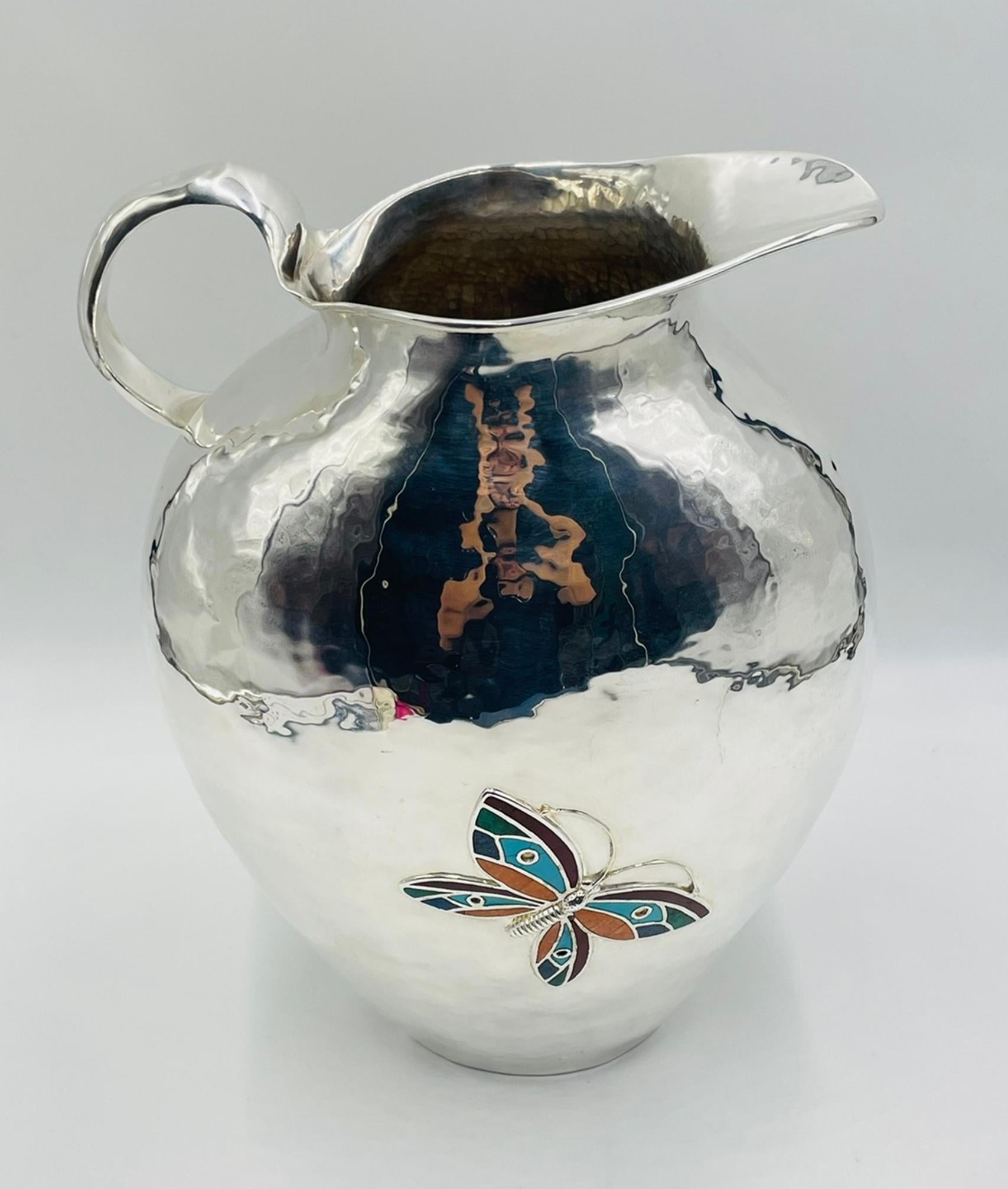 Brocca d'argento sovradimensionata di Emilia Castillo con intarsio di pietre, argenteria Taxco in vendita 2