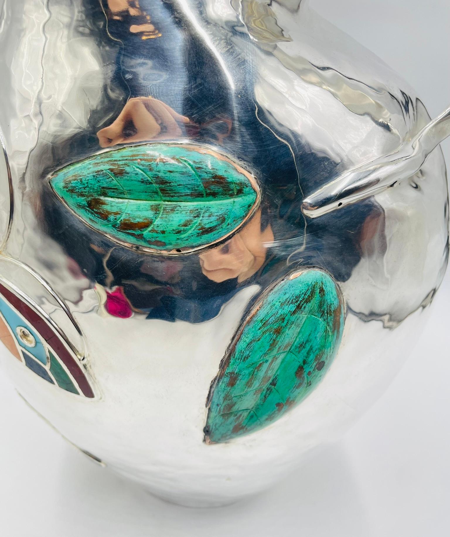 Brocca d'argento sovradimensionata di Emilia Castillo con intarsio di pietre, argenteria Taxco in vendita 6