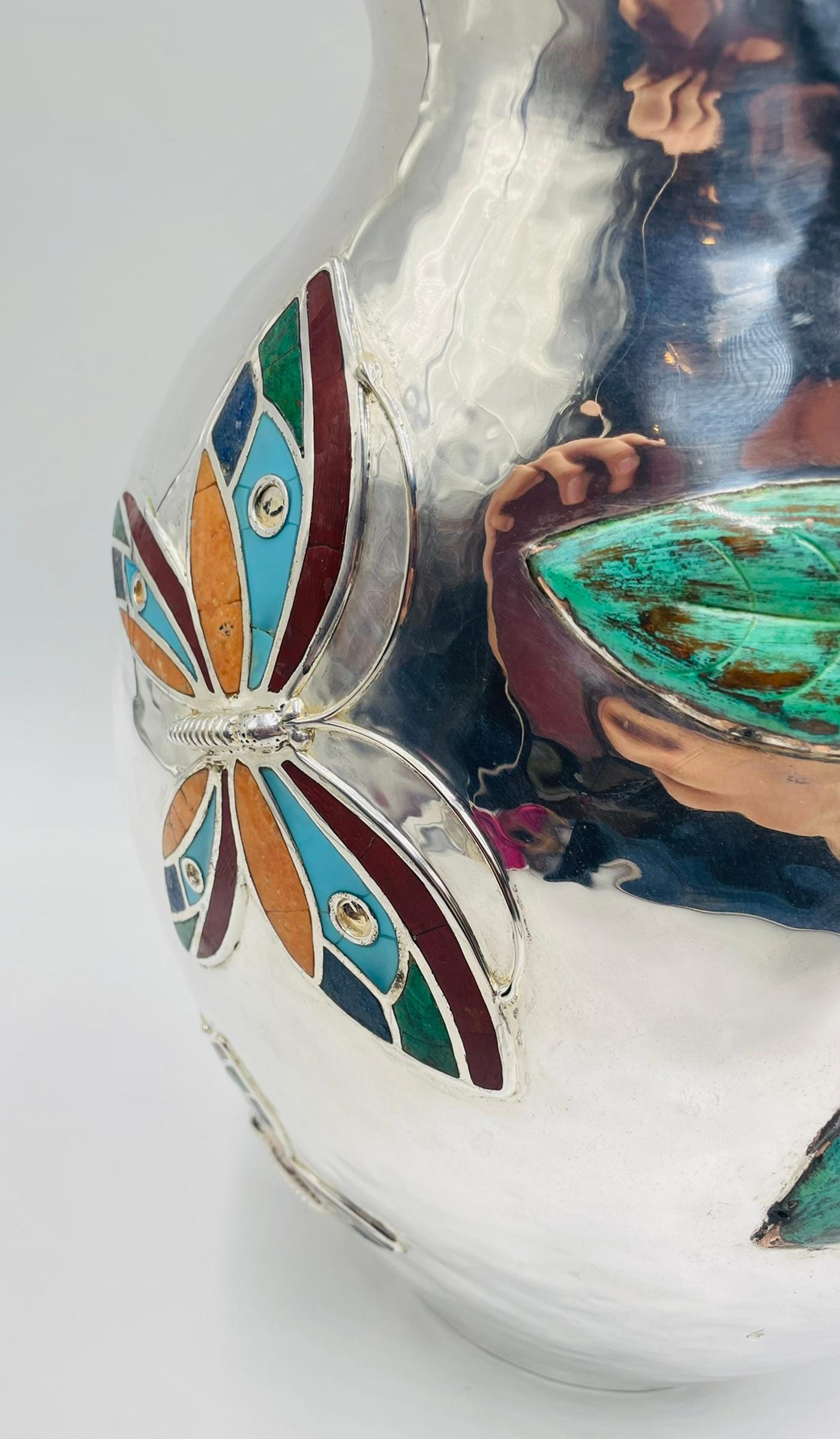 Brocca d'argento sovradimensionata di Emilia Castillo con intarsio di pietre, argenteria Taxco in vendita 7