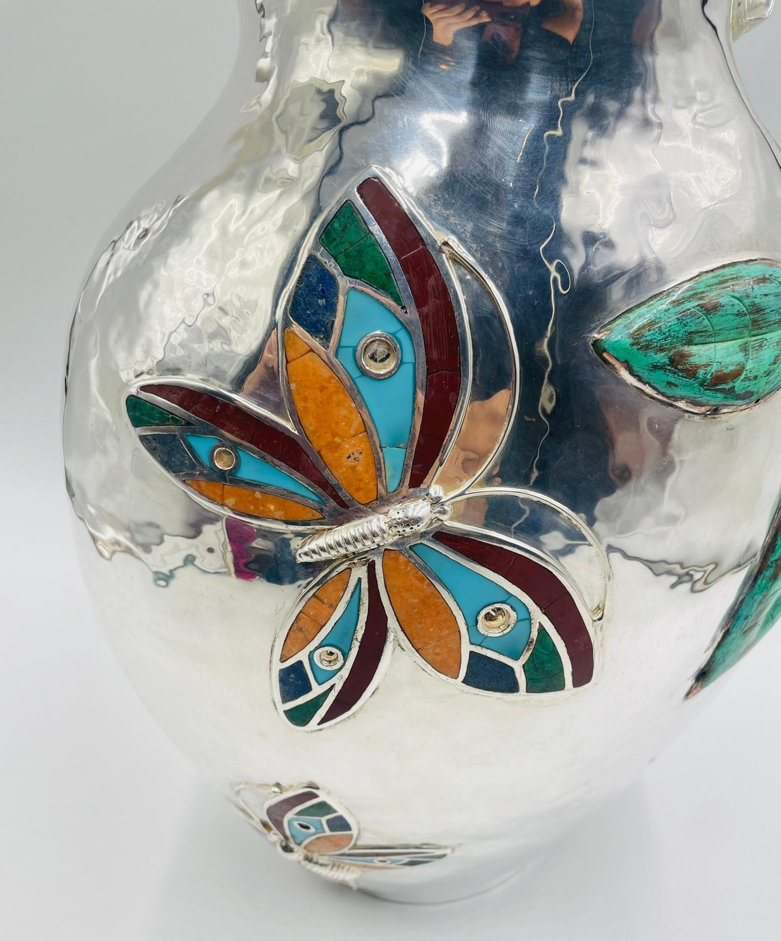 Brocca d'argento sovradimensionata di Emilia Castillo con intarsio di pietre, argenteria Taxco in vendita 8