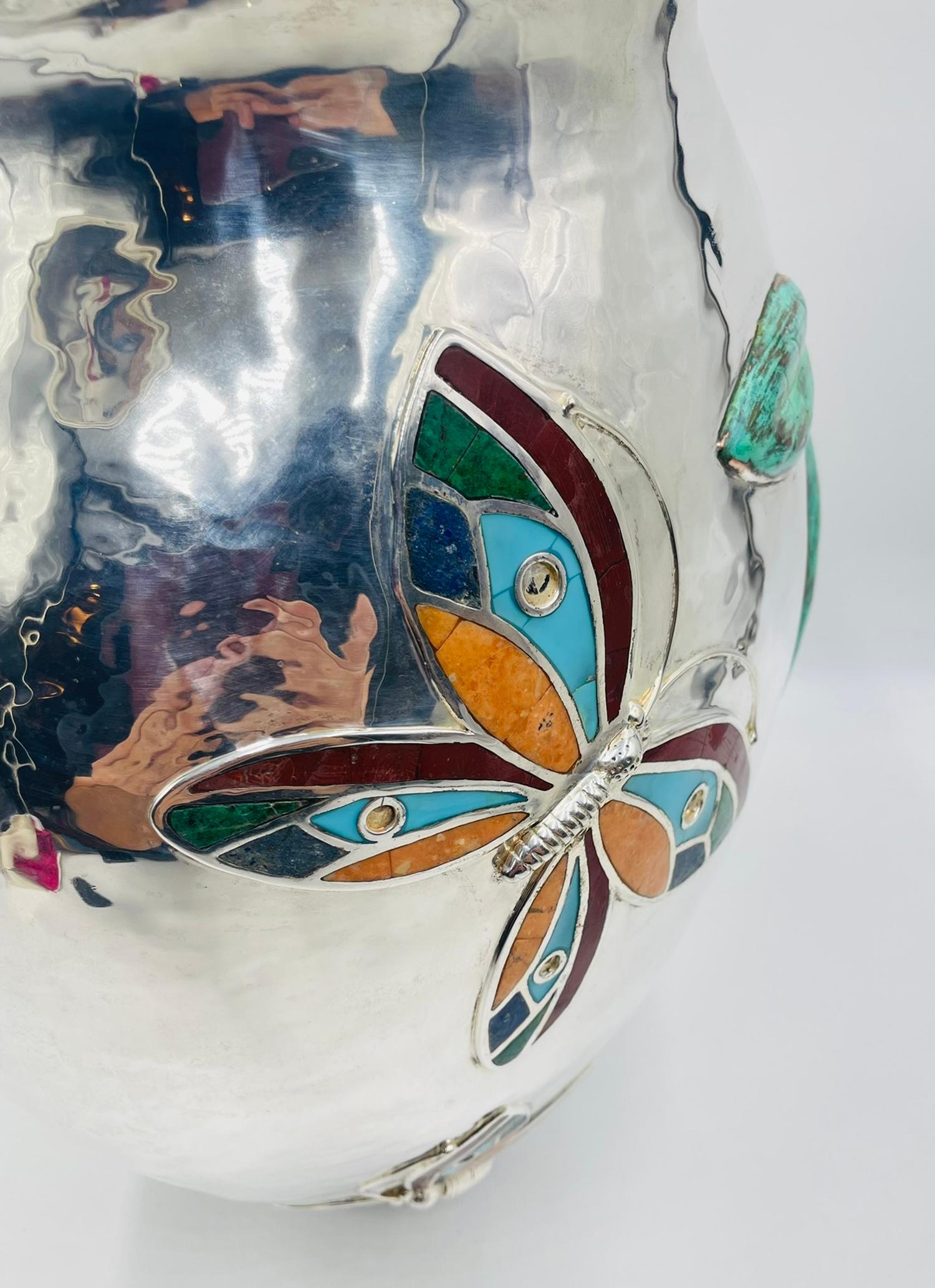 Brocca d'argento sovradimensionata di Emilia Castillo con intarsio di pietre, argenteria Taxco in vendita 9