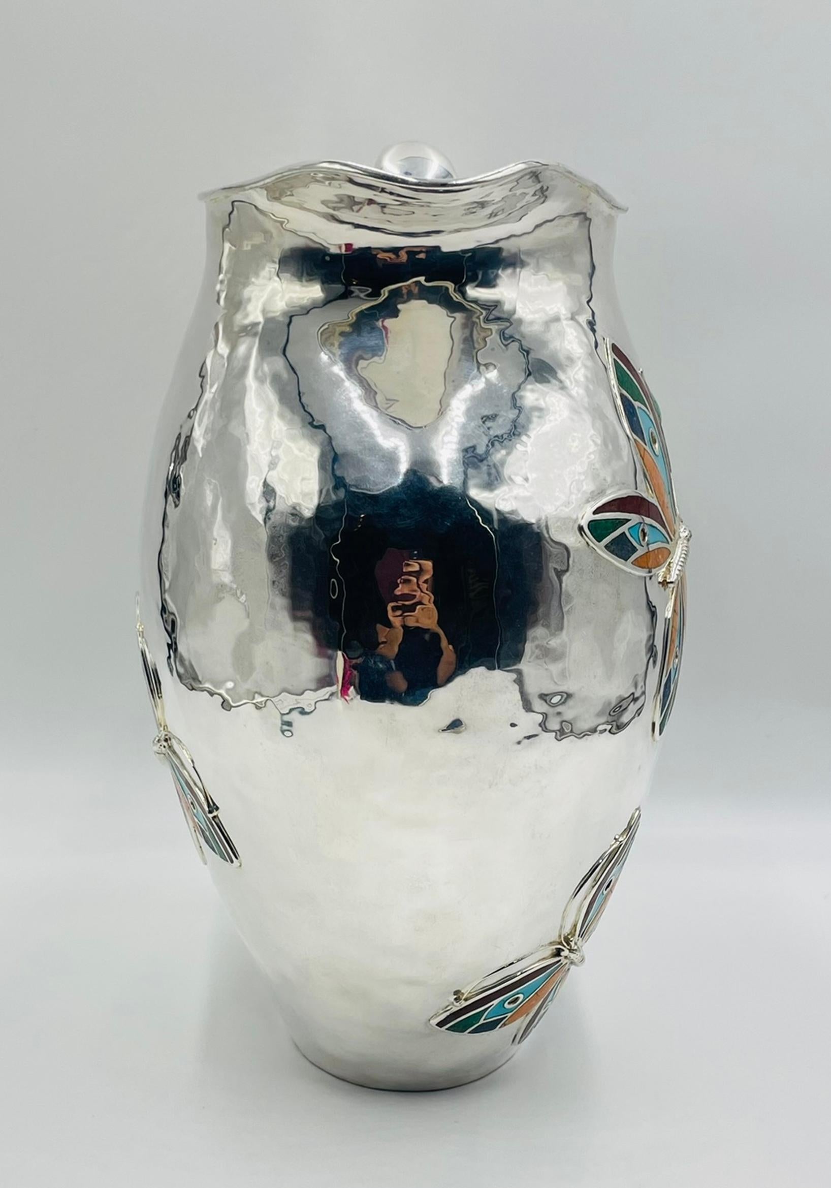 Brocca d'argento sovradimensionata di Emilia Castillo con intarsio di pietre, argenteria Taxco in vendita 1