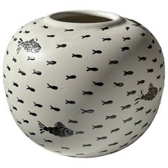Emilia Castillo porcelain / ceramic vase with silver school of fish paint .