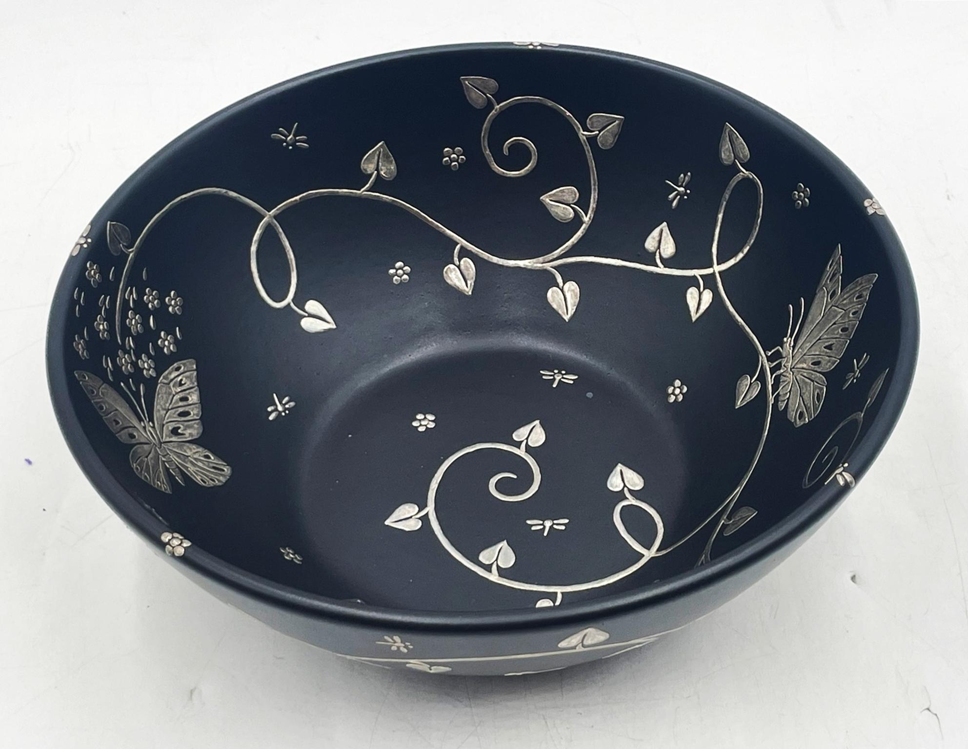 Emilia Castillo Porcelain & Pure Silver Butterfly Bowl, Mexico, Signed For Sale 3