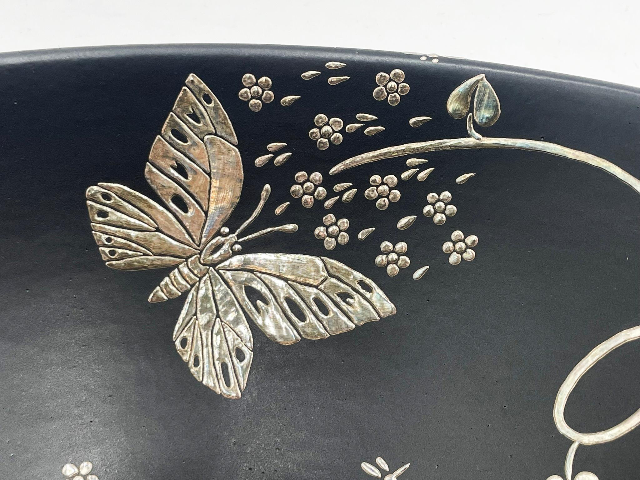 Emilia Castillo Porcelain & Pure Silver Butterfly Bowl, Mexico, Signed For Sale 9