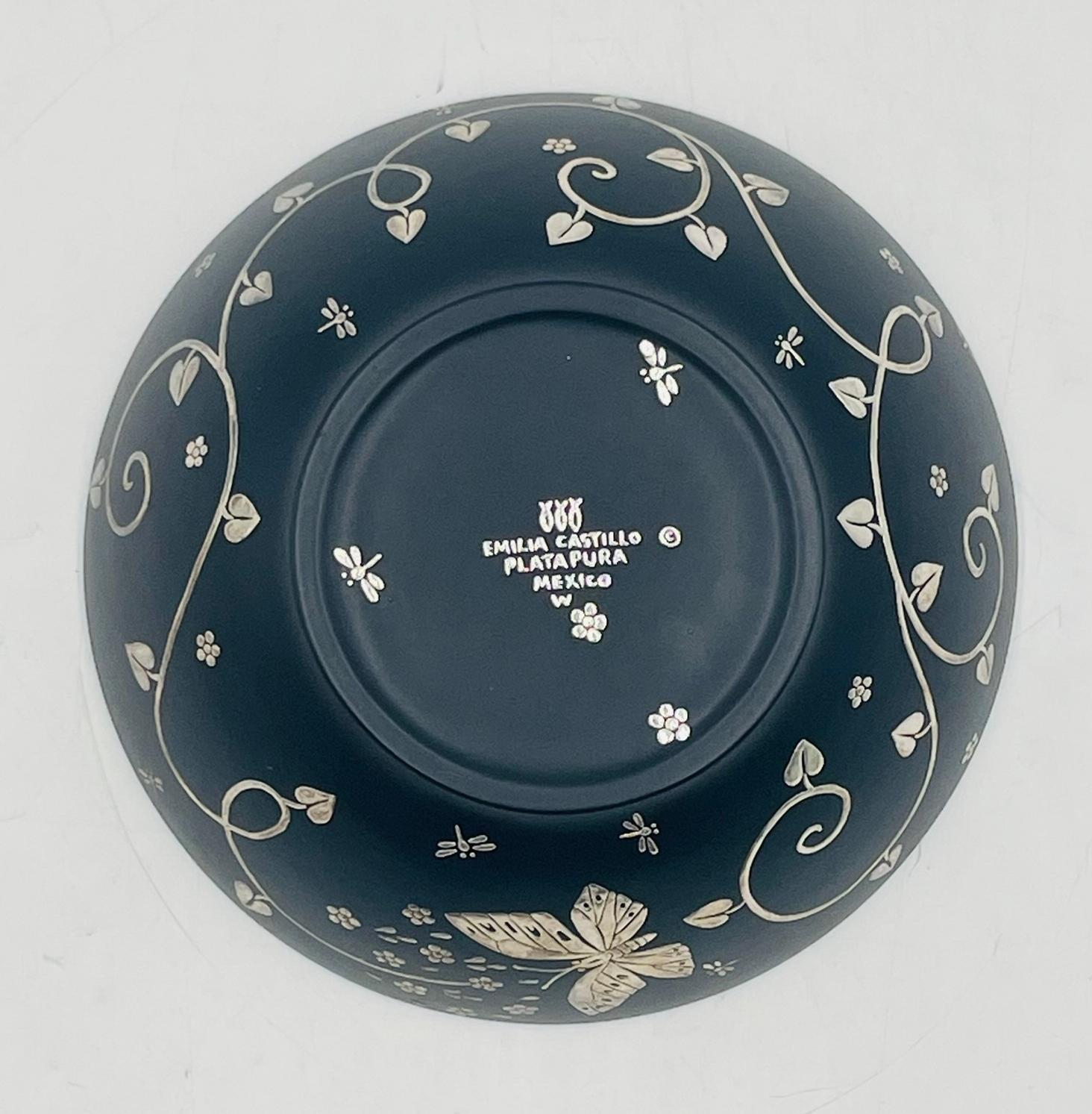Mexican Emilia Castillo Porcelain & Pure Silver Butterfly Bowl, Mexico, Signed For Sale