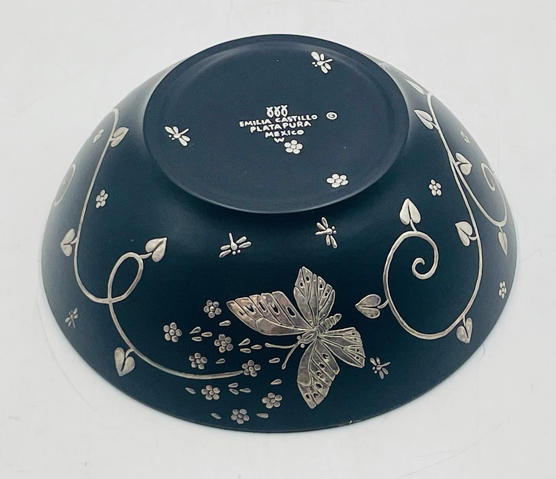 Hand-Crafted Emilia Castillo Porcelain & Pure Silver Butterfly Bowl, Mexico, Signed For Sale