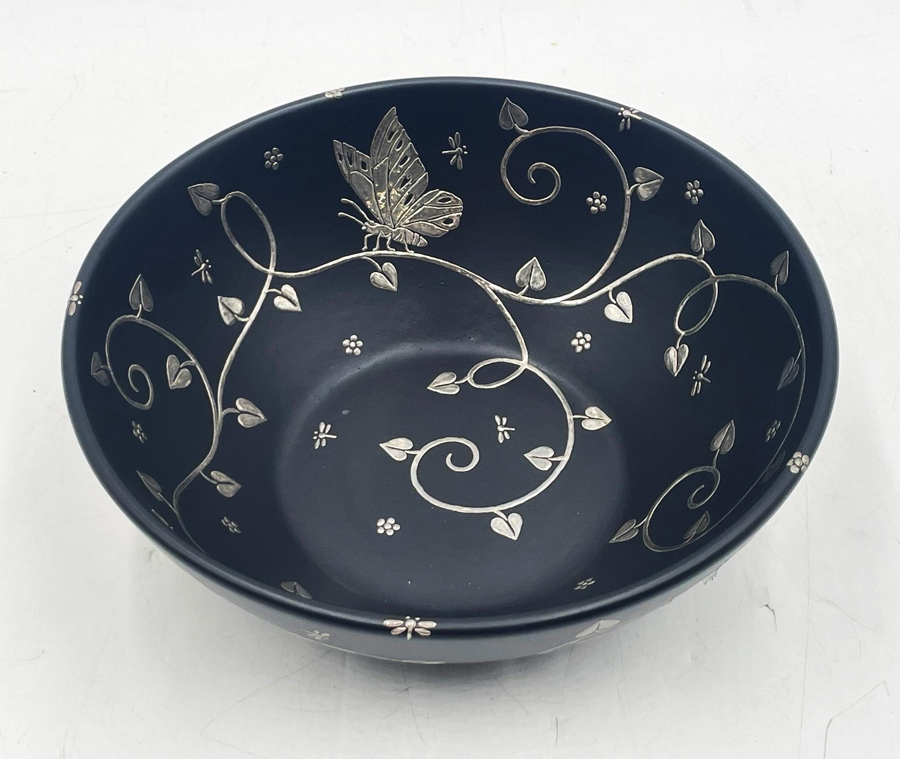 Emilia Castillo Porcelain & Pure Silver Butterfly Bowl, Mexico, Signed For Sale 2