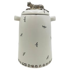 Emilia Castillo Porcelain & Silver Jaguar Lidded Jar, Taxco, Mexico