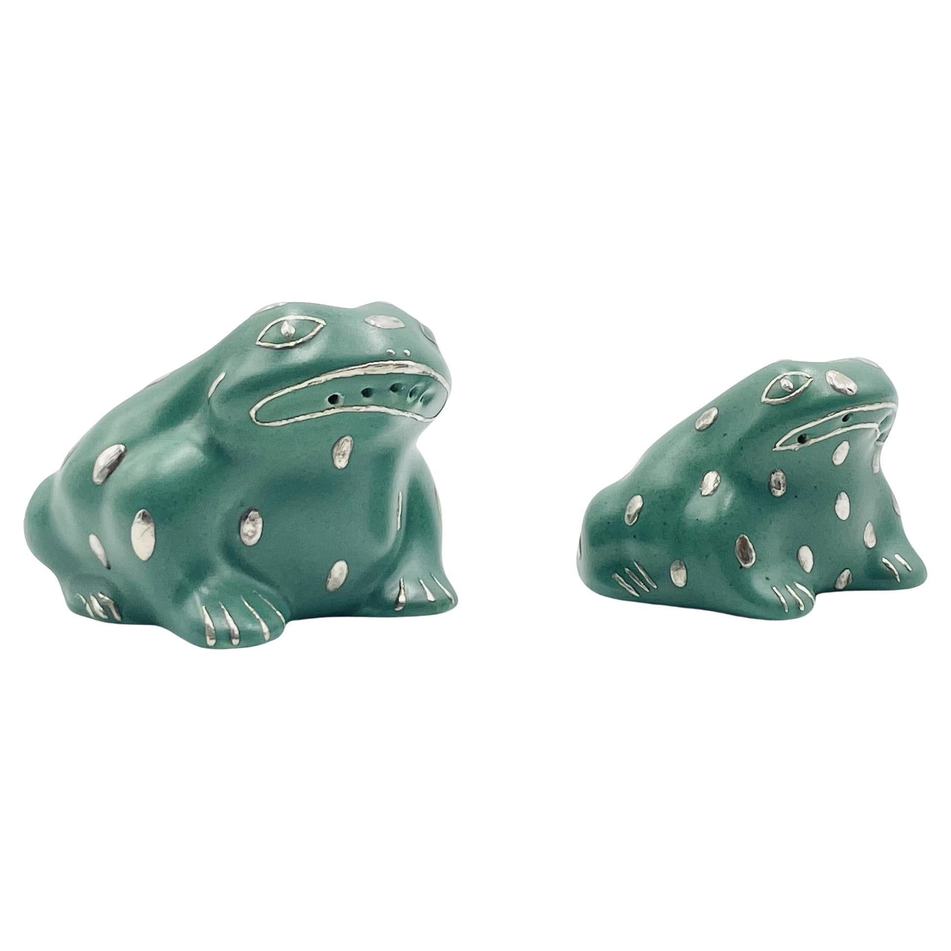 Emilia Castillo Reines Silber und Porzellan Frosch Salz- und Pfefferstreuer, Taxco 1998