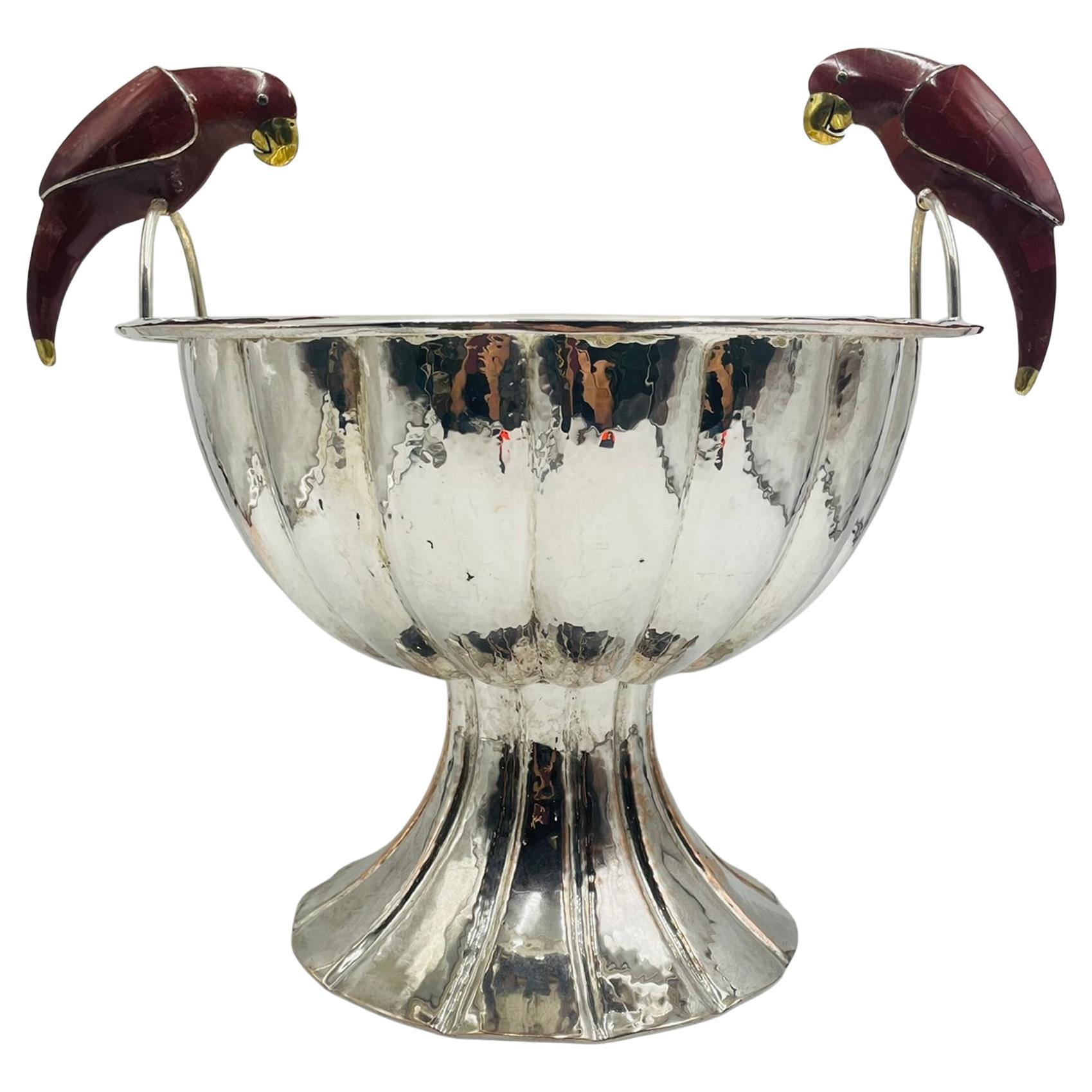 Emilia Castillo Sculptural Parrot Center Bowl in Jasper & Silver-Plate, Mexico