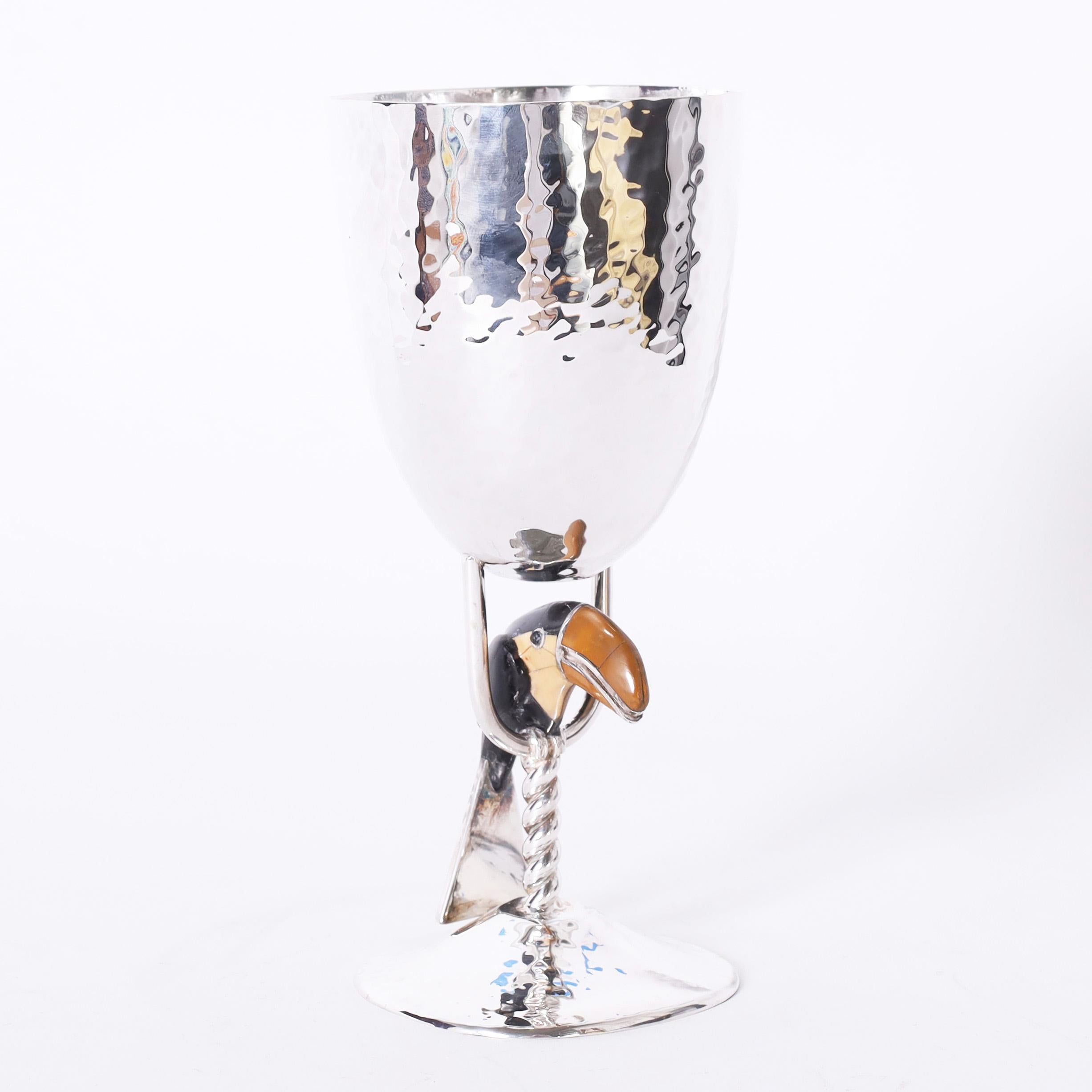 Mid-Century Modern Emilia Castillo Set of Eight Silver Plate Goblets with Toucans For Sale