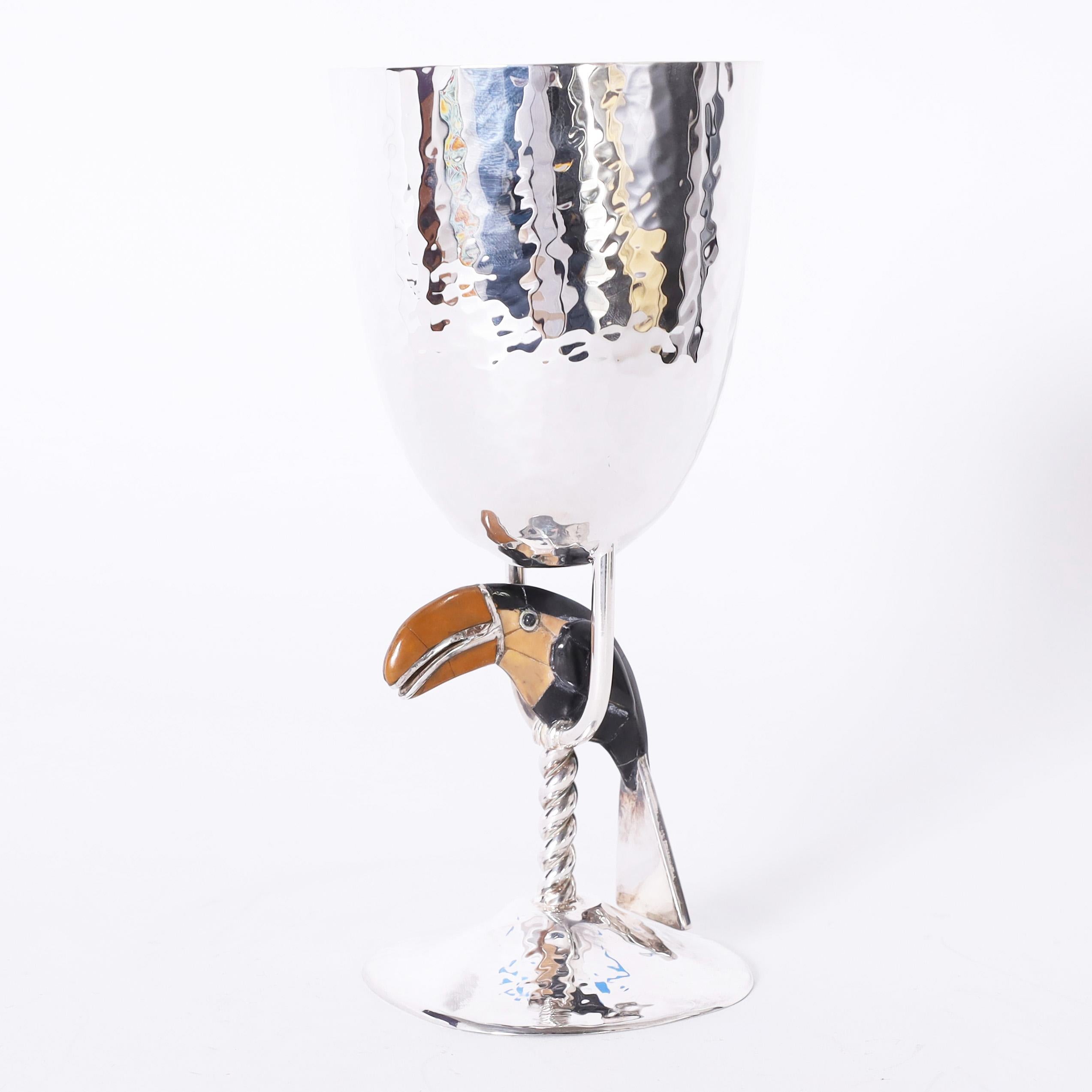 Mexican Emilia Castillo Set of Eight Silver Plate Goblets with Toucans For Sale