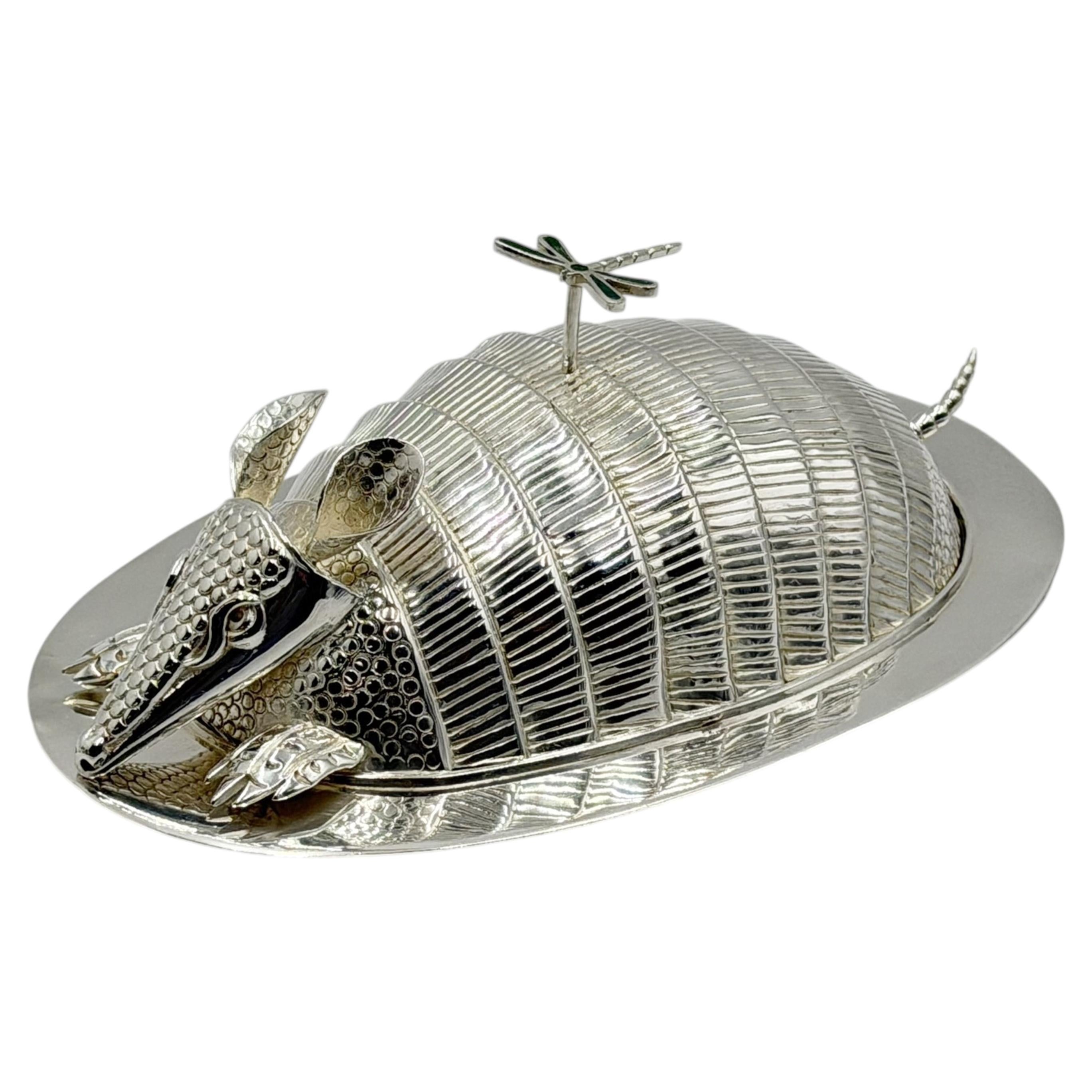 Emilia Castillo Silver Plate Armadillo Butter Dish with Malachite, Taxco Mexico