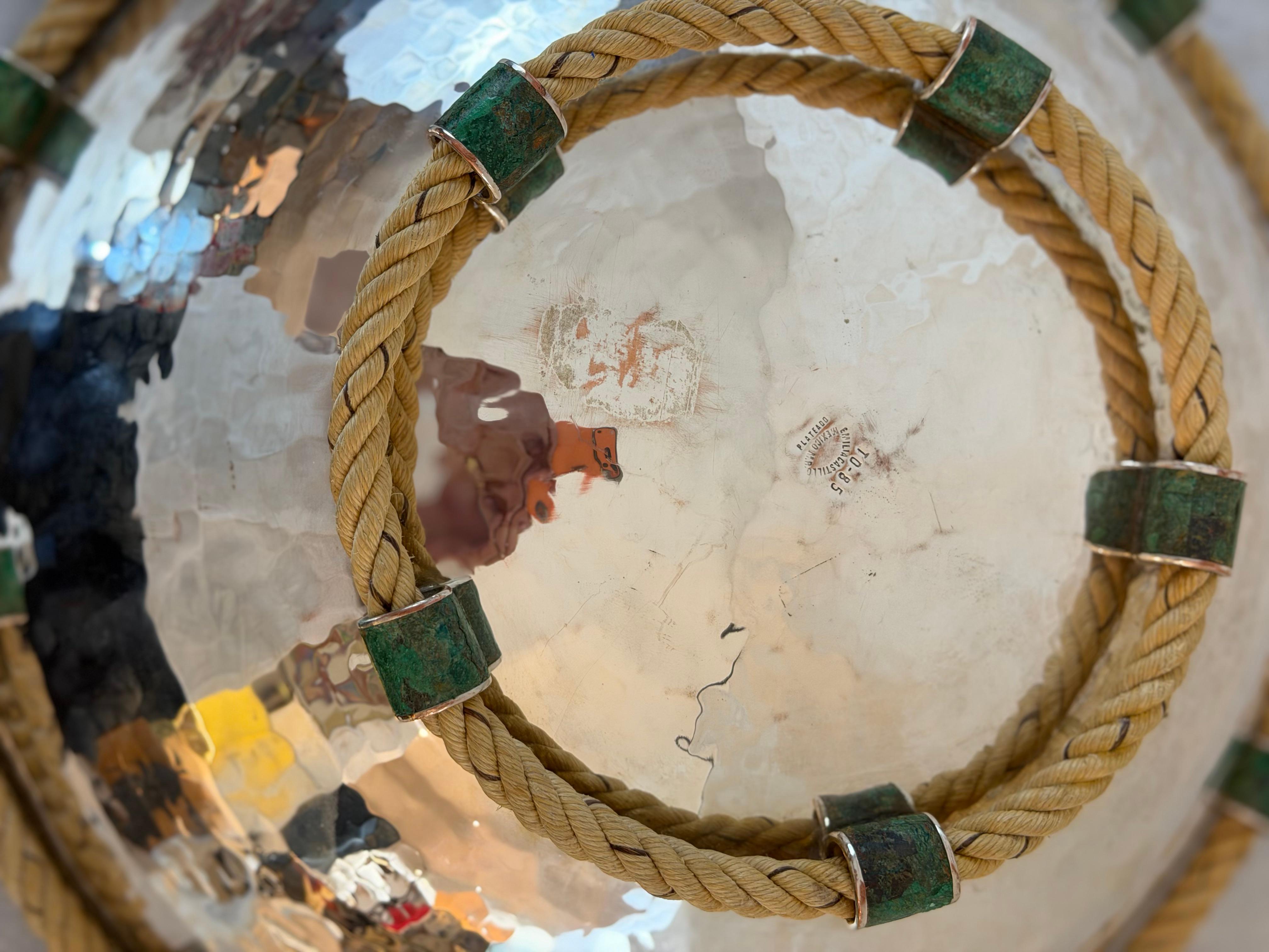 Emilia Castillo Silver Plate Copper Salad Bowl with Utensils and Malachite Inlay For Sale 3