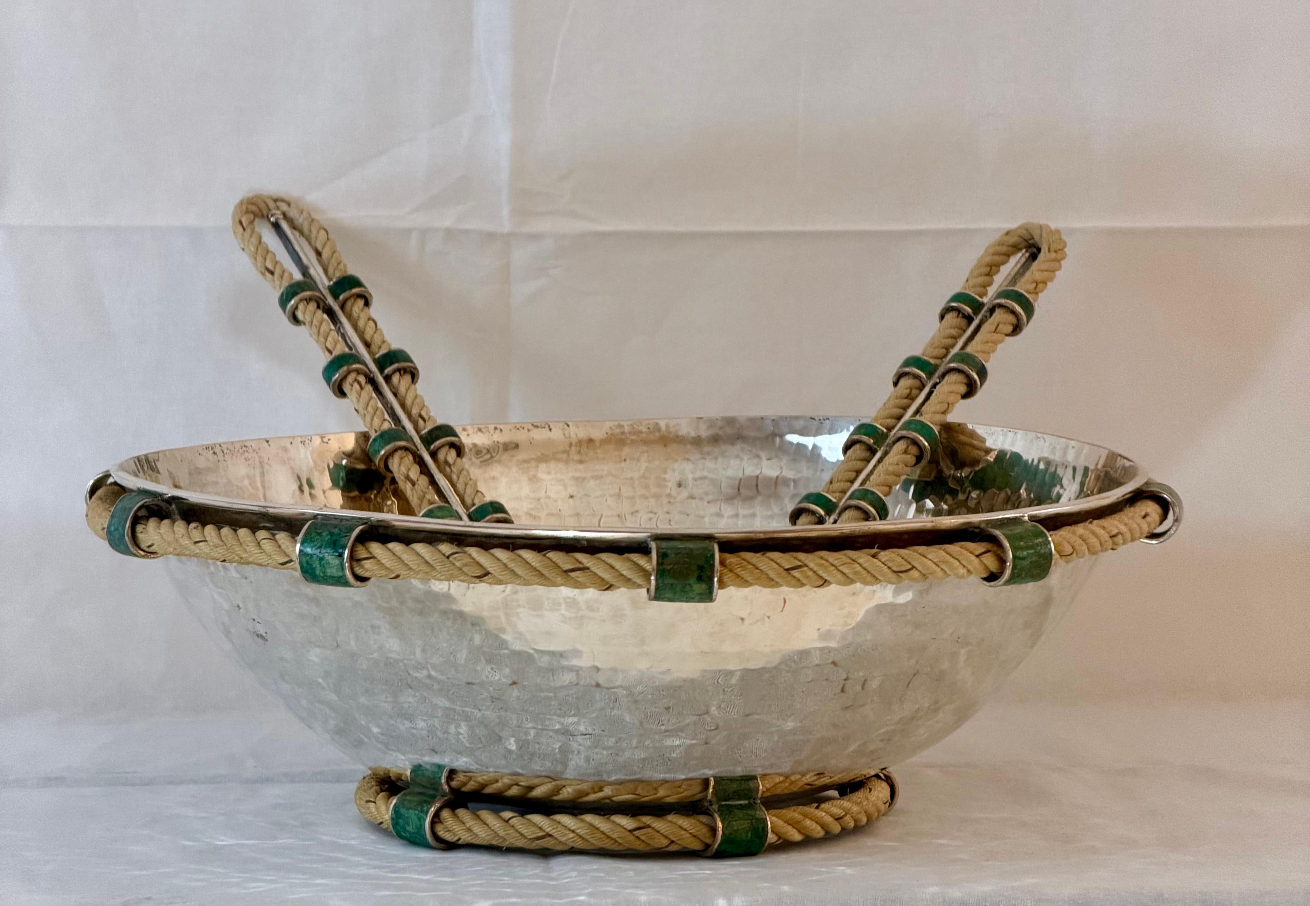 Emilia Castillo Silver Plate Copper Salad Bowl with Utensils and Malachite Inlay For Sale 4