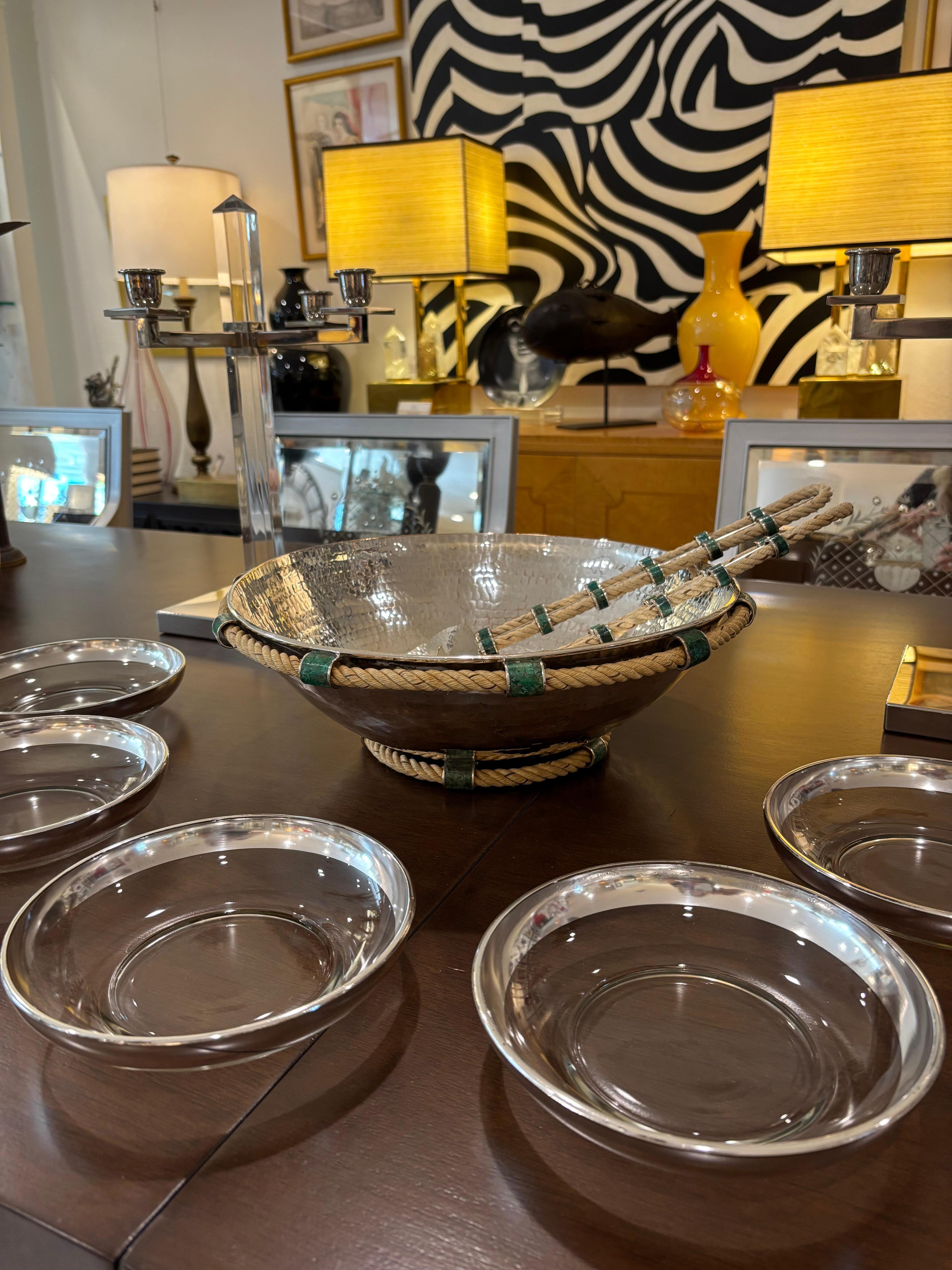 Emilia Castillo Silver Plate Copper Salad Bowl with Utensils and Malachite Inlay For Sale 5