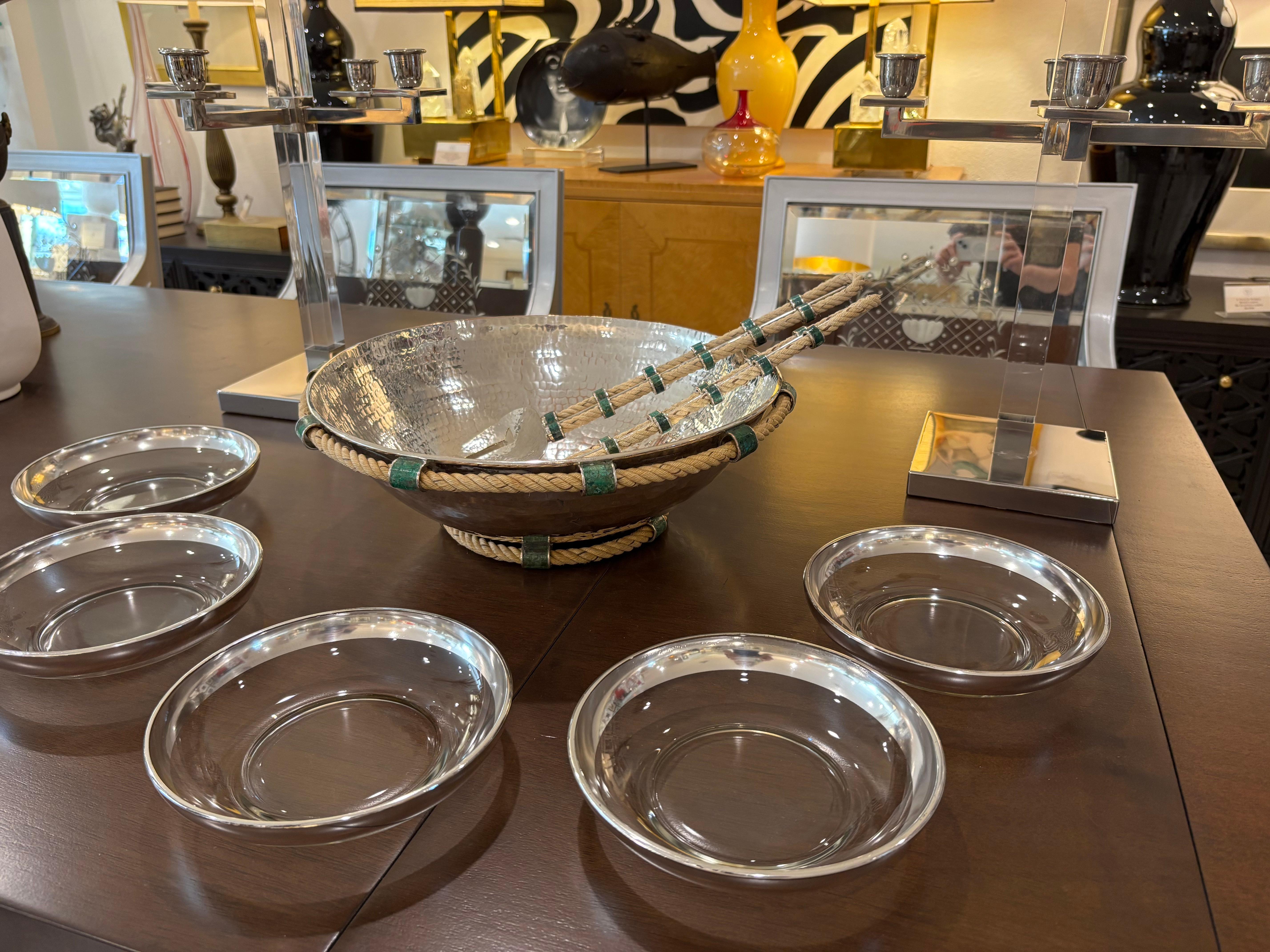 Emilia Castillo Silver Plate Copper Salad Bowl with Utensils and Malachite Inlay For Sale 6